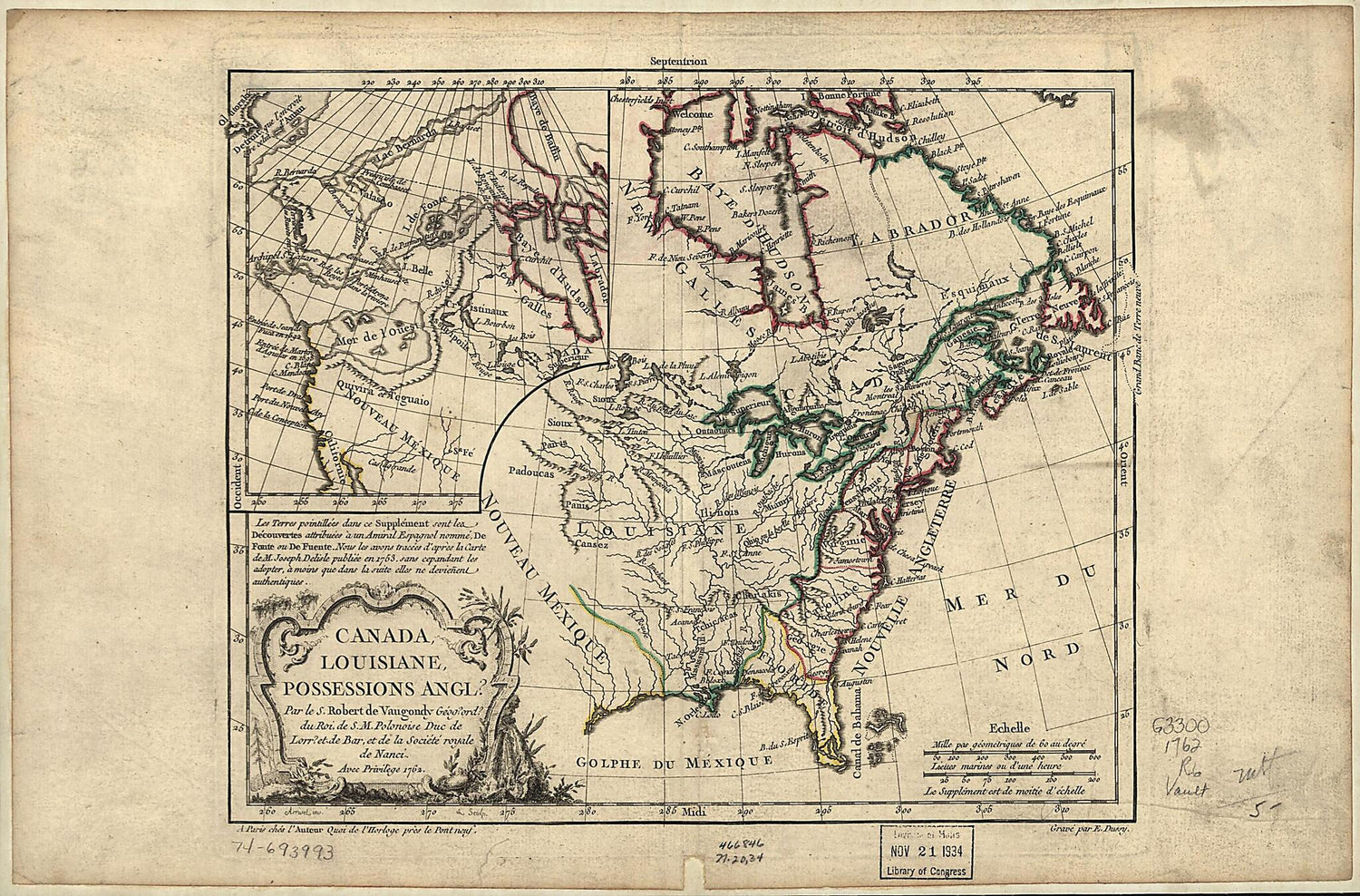 This old map of Canada, Louisiane, Possessions Angl? from 1762 was created by E. Dussy, Gilles Robert De Vaugondy in 1762