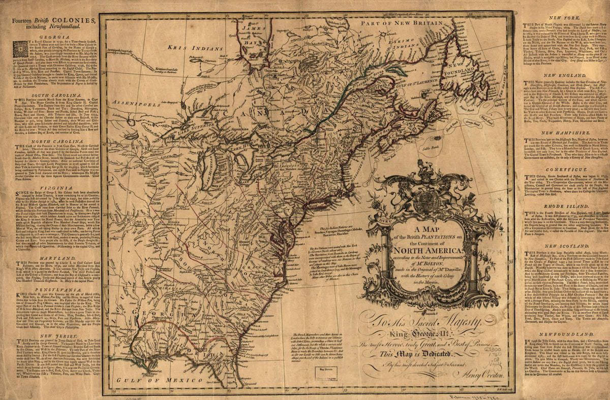 A Map of the British Plantations On the Continent of North America, According to the Notes and Improvements of Mr. Bolton, Made In the Original of Mr. Danville; With the History of Each Colony In the Margin 1755 by Relic Map Company
