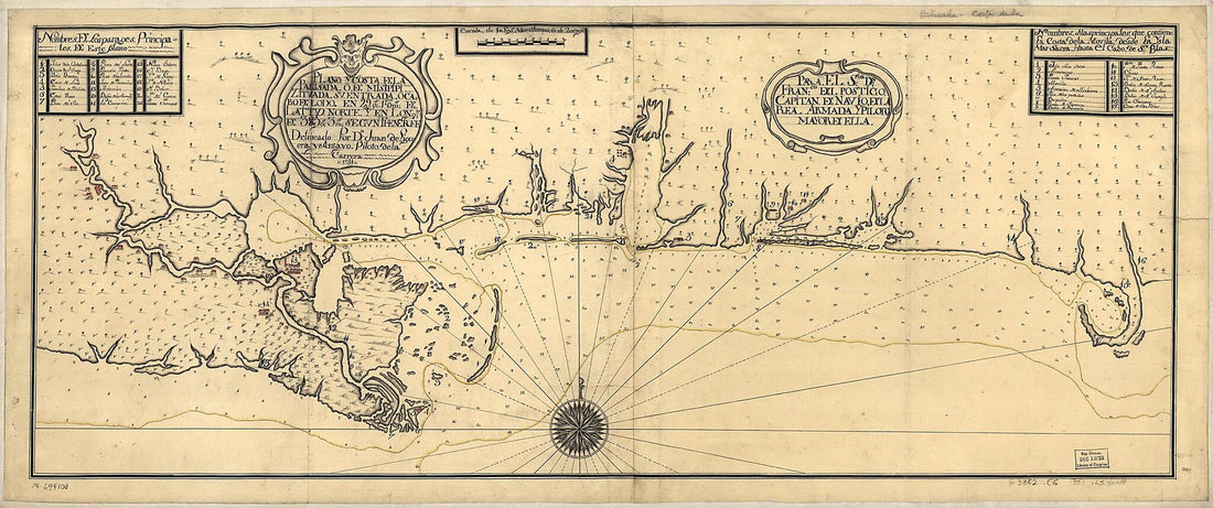 This old map of Plano Y Costa De La Palisada O De Misipipi Zituada, Su Entrada O Cabo De Lodo En 29 Gs. 17 Ms. De Lattud. Norte Y En Longd. De 385 Gs. 3 Ms. Segun Tenerife from 1751 was created by Juan De Liguera Y Antayo in 1751