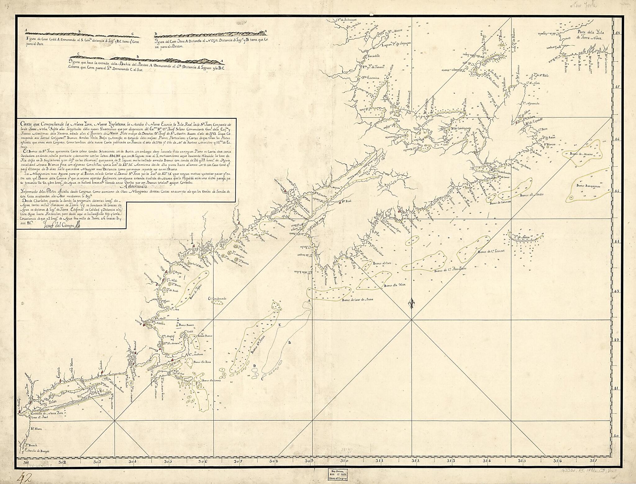 This old map of Carta Que Comprehende La Neuva York, Nueva Ynglaterra, La Acadia ò Neuva Escocia La Ysla Real, La De Sn. Juan, Con Parte De La De Terra Noba:  from 1781 was created by  in 1781