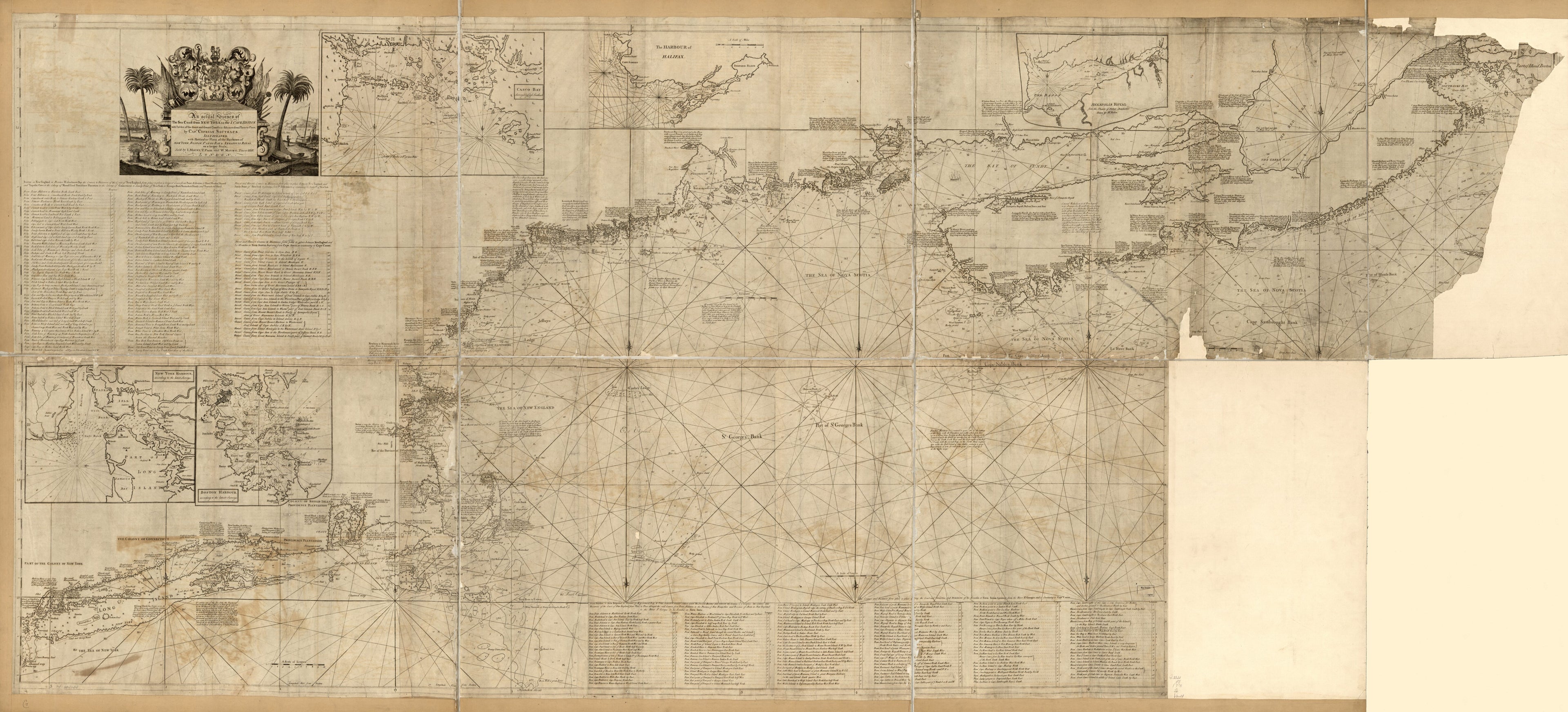 This old map of An Actual Survey of the Sea Coast from New York to the I. Cape Brition, With Tables of the Direct and Thwart Courses &amp; Distances from Place to Place from 1775 was created by  Jno. Mount and Tho. Page, Cyprian Southack in 1775