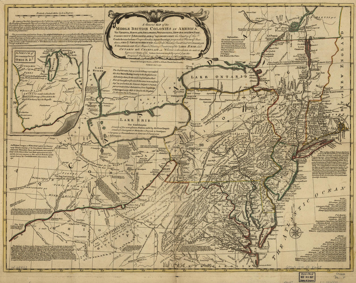 Jersey, New York, Connecticut &amp; Rhode-Island: of Aquanishuonigy the Country of the Confederate Indians Comprehending Aquanishuonigy Proper, Their Places of Residence, Ohio &amp; Thuchsochruntie Their Deer Hunting Countries, Couchsachrage &amp; Skaniadarade Th... by Relic Map Company