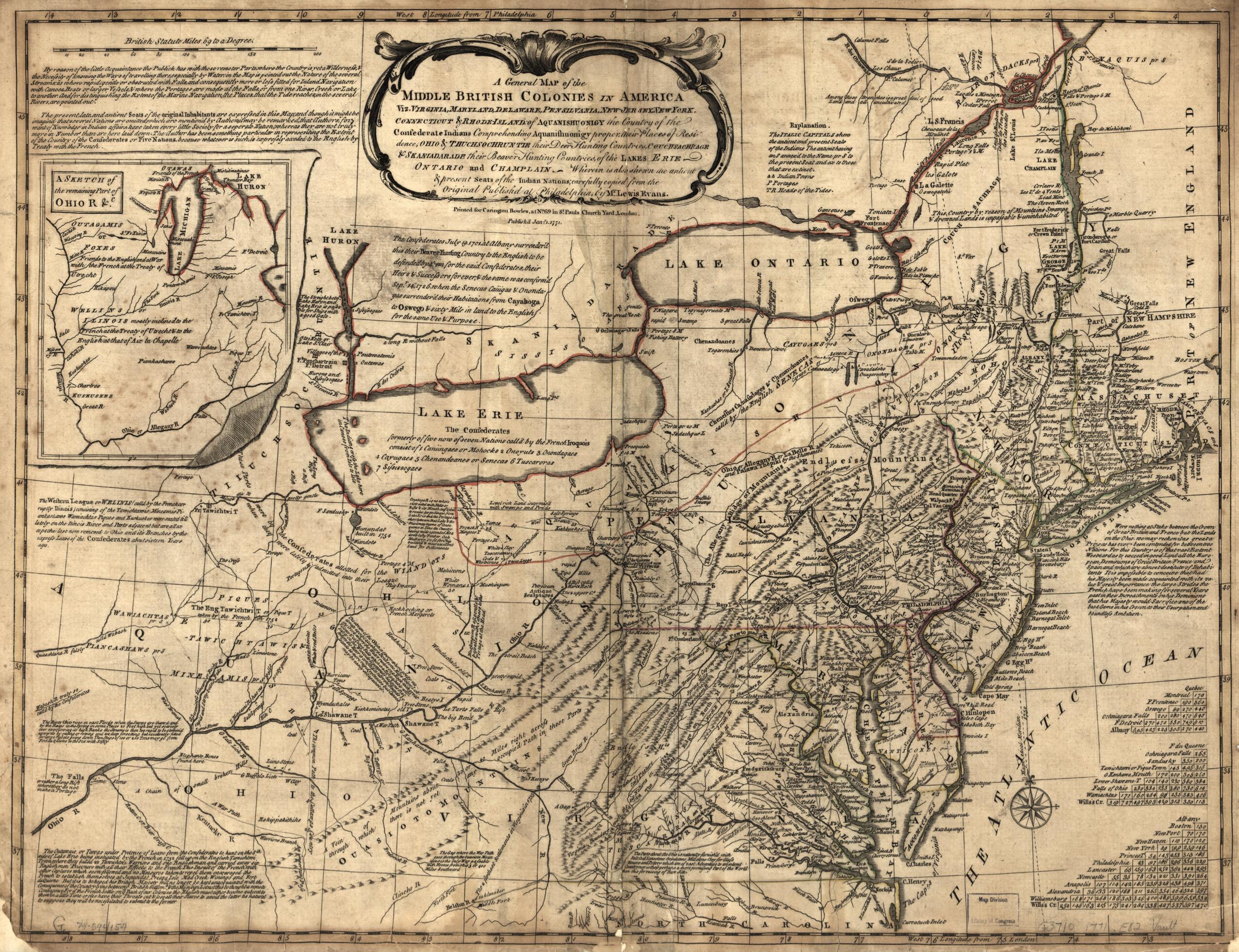 This old map of Jersey, New York, Connecticut &amp; Rhode Island: of Aquanishuonigy the Country of the Confederate Indians Comprehending Aquanishuonigy Proper, Their Places of Residence, Ohio &amp; Thuchsochruntie Their Deer Hunting Countries, Couchsachrage &amp; Sk