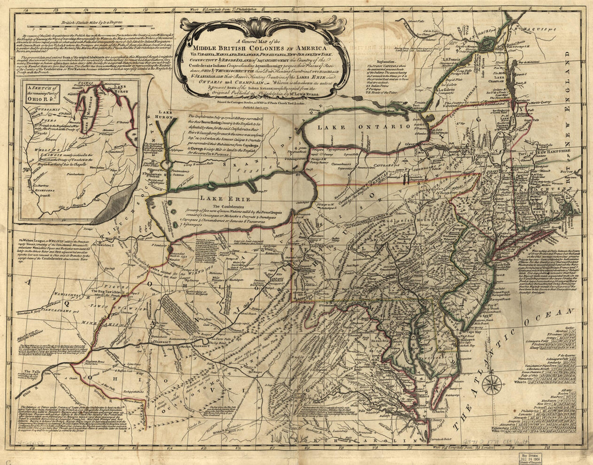 Jersey, New York, Connecticut &amp; Rhode Island: of Aquanishuonigy the Country of the Confederate Indians Comprehending Aquanishuonigy Proper, Their Places of Residence, Ohio &amp; Thuchsochruntie Their Deer Hunting Countries, Couchsachrage &amp; Skaniadarade Th... by Relic Map Company