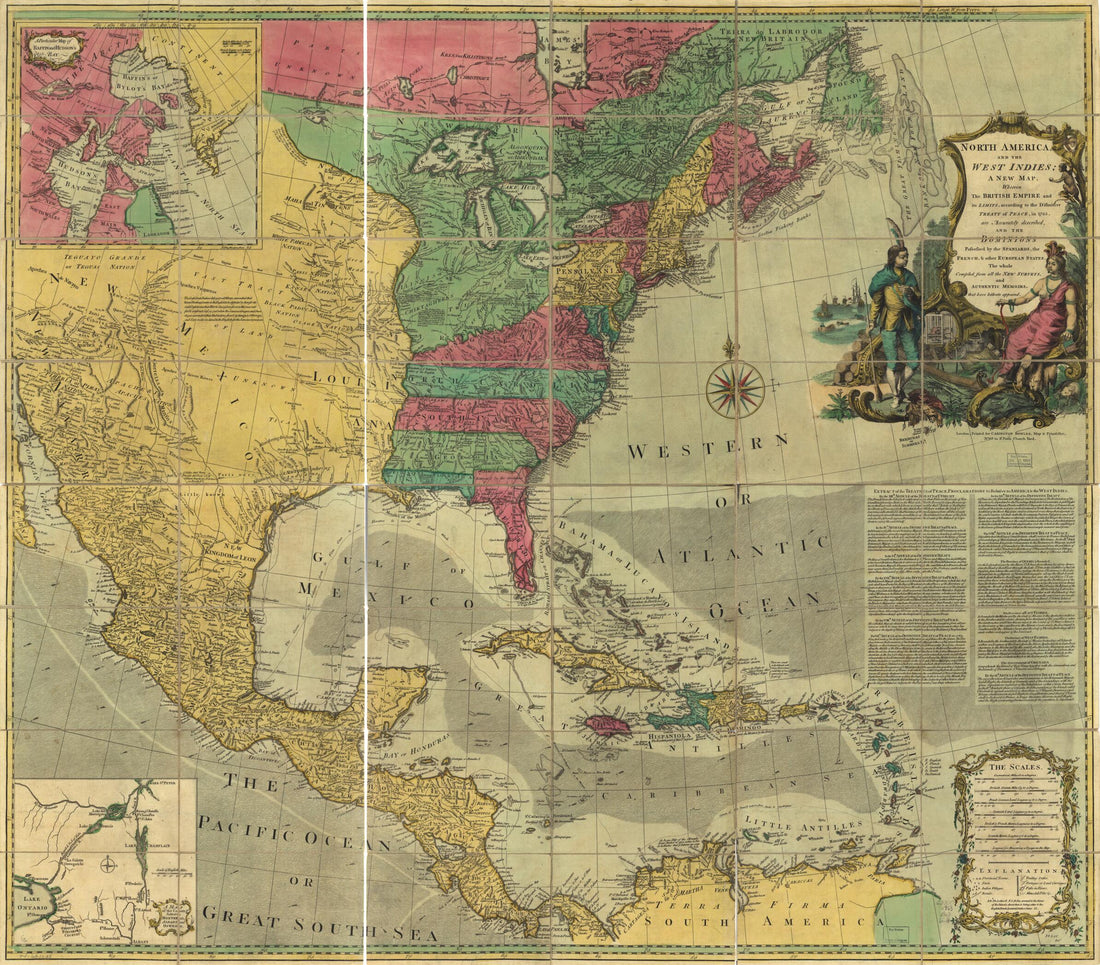 This old map of North America, and the West Indies; a New Map, Wherein the British Empire and Its Limits, According to the Definitive Treaty of Peace, In 1763, Are Accurately Described, and the Dominions Possessed by the Spaniards, the French, &amp; Other Eu