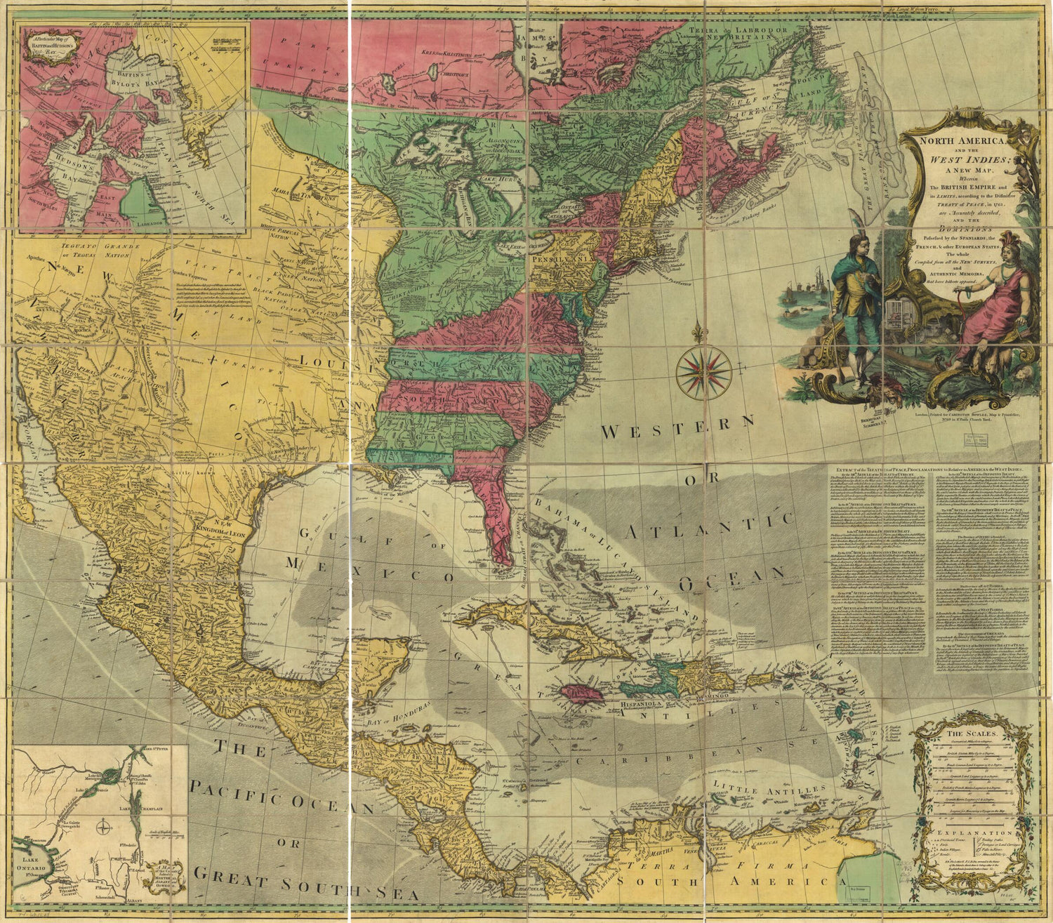 This old map of North America, and the West Indies; a New Map, Wherein the British Empire and Its Limits, According to the Definitive Treaty of Peace, In 1763, Are Accurately Described, and the Dominions Possessed by the Spaniards, the French, &amp; Other Eu