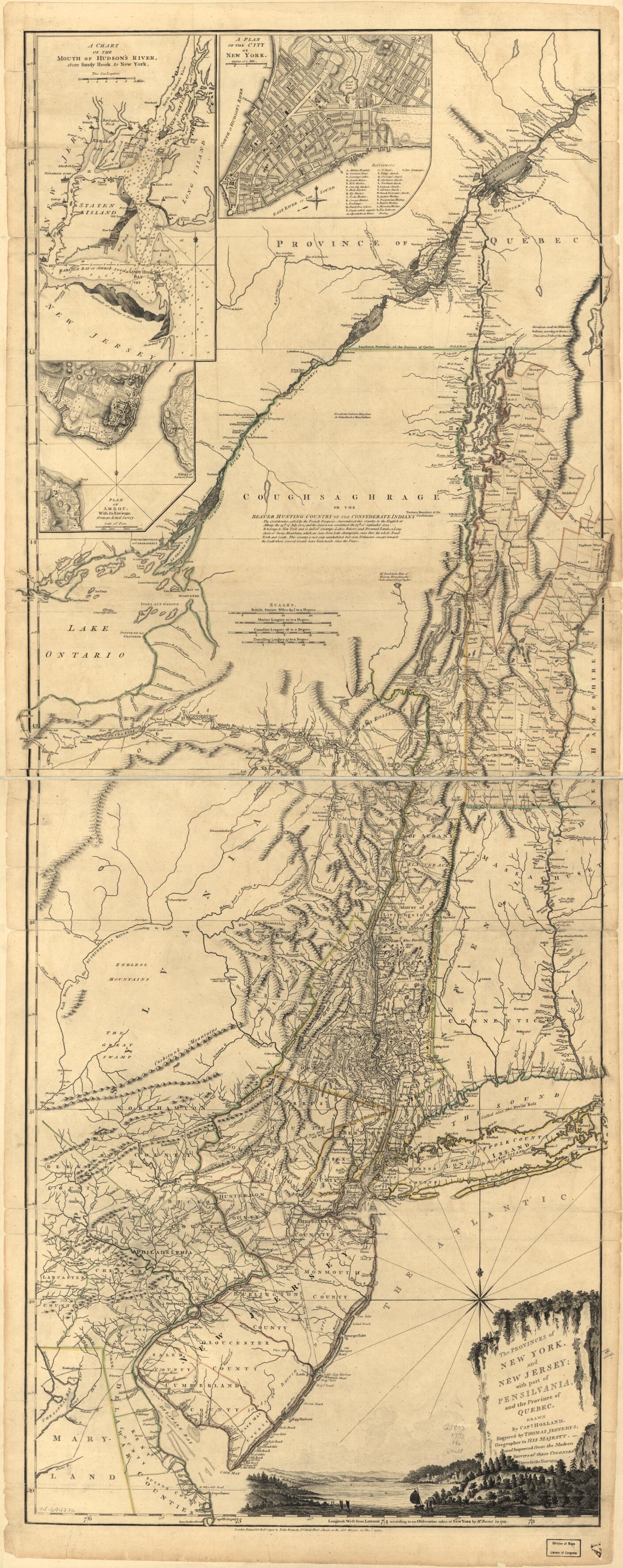 This old map of The Provinces of New York, and New Jersey; With Part of Pensilvania, and the Province of Quebec from 1775 was created by Samuel Holland,  Robert Sayer and John Bennett (Firm) in 1775