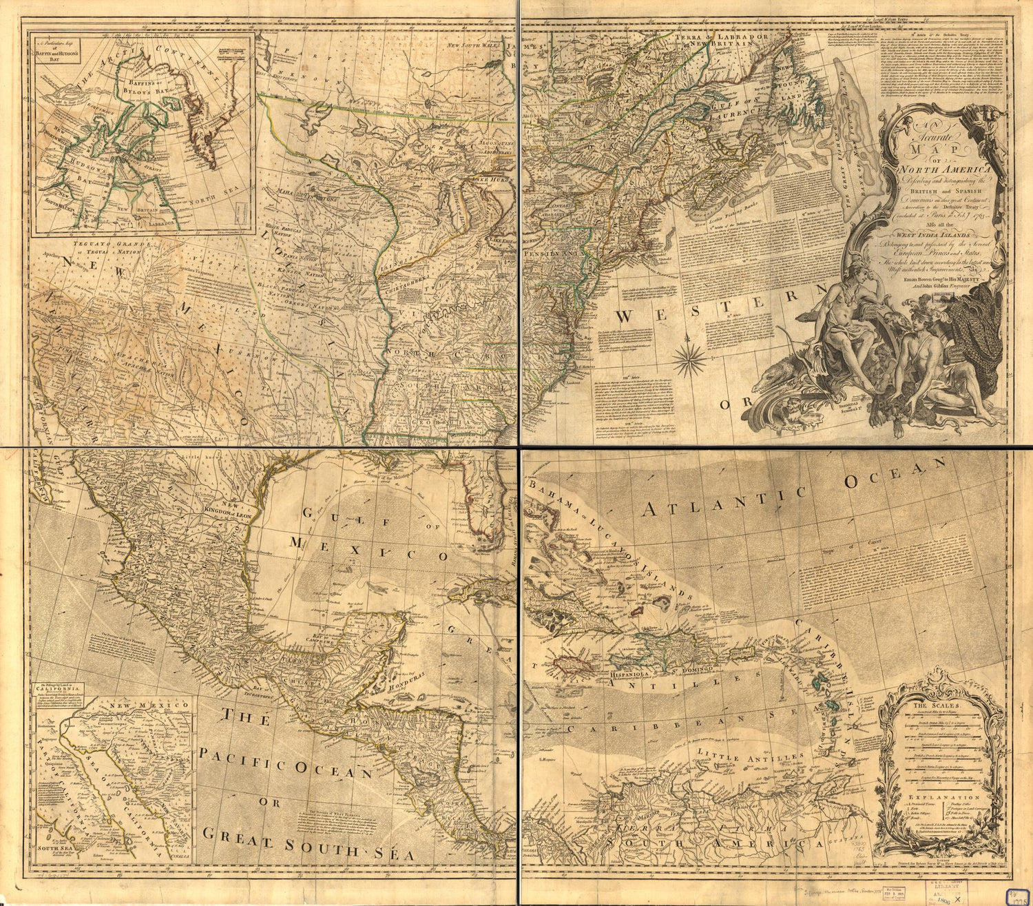 This old map of An Accurate Map of North America. Describing and Distinguishing the British and Spanish Dominions of This Great Continent; According to the Definitive Treaty Concluded at Paris 10th Feby. 1763. Also All the West India Islands Belonging To