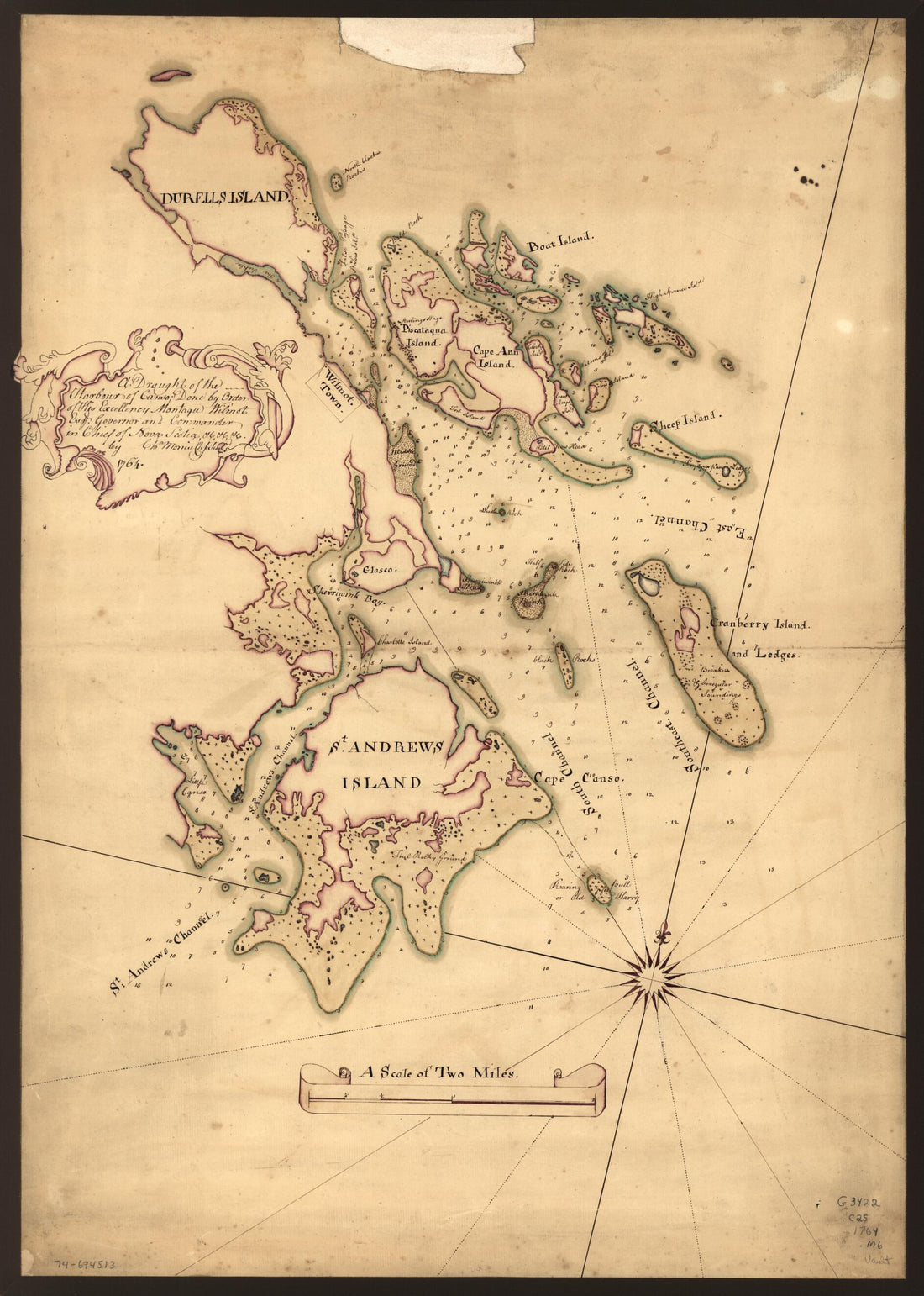 This old map of A Draught of the Harbour of Canso : Done by Order of His Excellency Montagu Wilmot, Esq., Governor and Commander In Chief of Nova Scotia, &amp;c., &amp;., &amp; from 1764 was created by Charles Morris in 1764