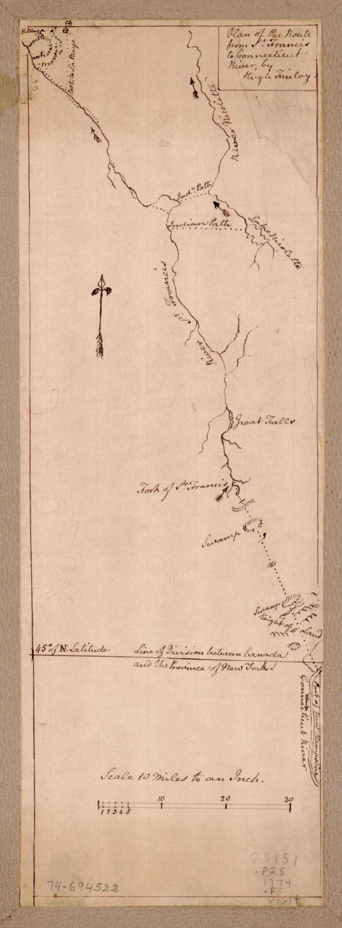 This old map of Plan of the Route from St. Francis to Connecticut River from 1774 was created by Hugh Finlay in 1774