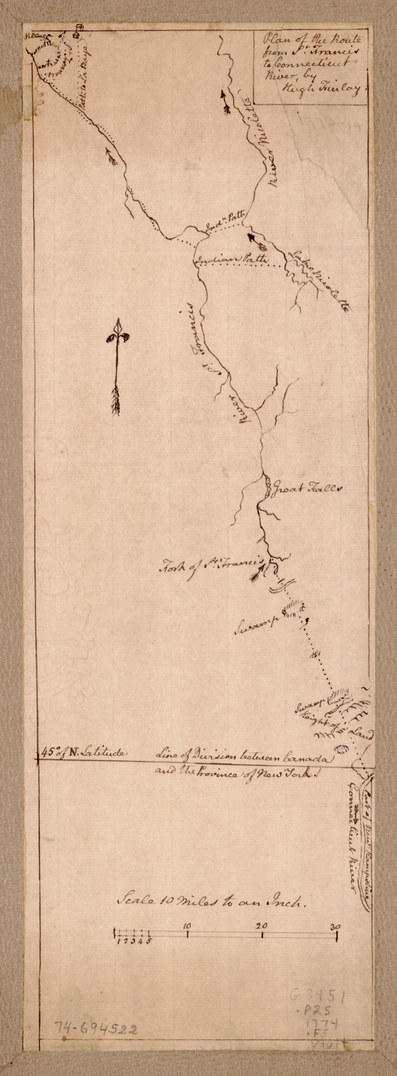 This old map of Plan of the Route from St. Francis to Connecticut River from 1774 was created by Hugh Finlay in 1774