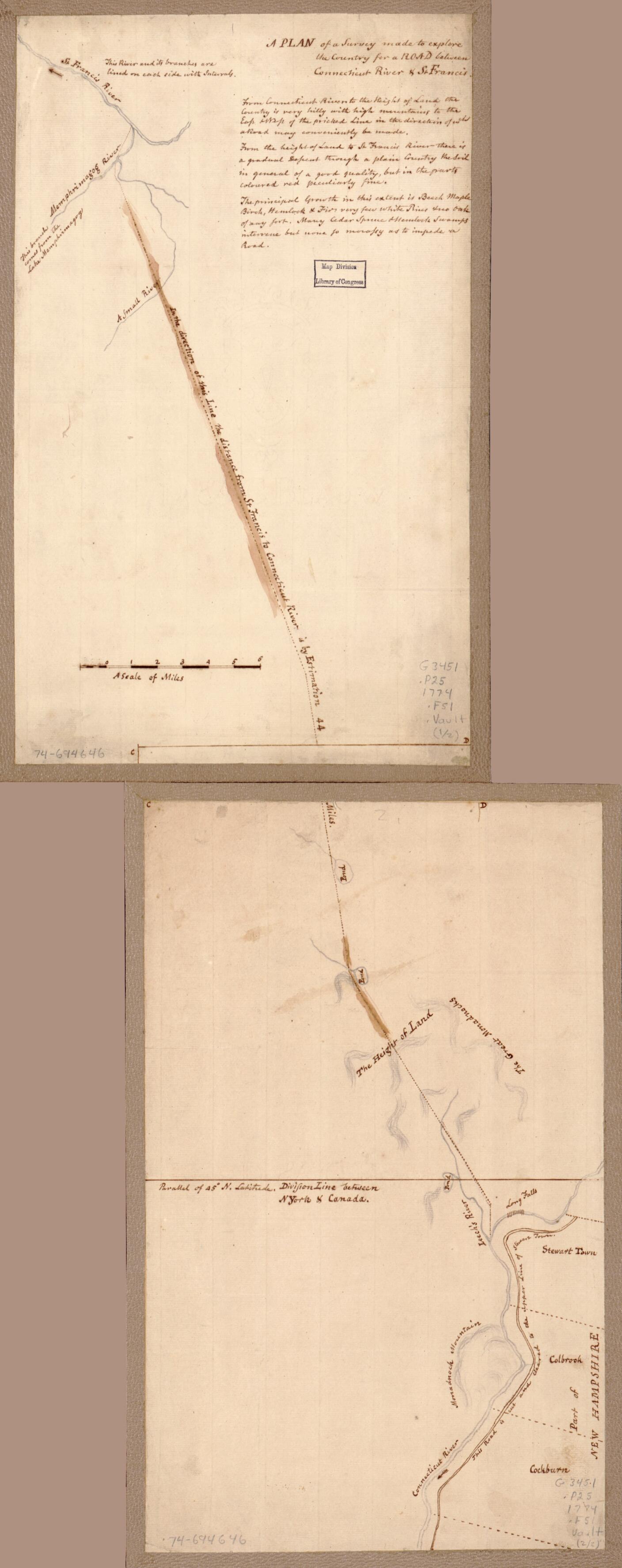 This old map of A Plan of a Survey Made to Explore the Country for a Road Between Connecticut River &amp; St. Francis from 1774 was created by Hugh] [Finlay in 1774