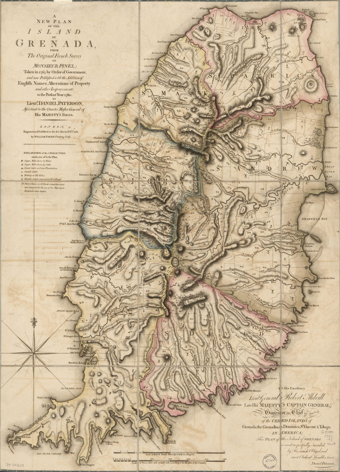 This old map of A New Plan of the Island of Grenada, from the Original French Survey of Monsieur Pinel; Taken In 1763 by Order of Government, and Now Published With the Addition of English Names, Alterations of Property, and Other Improvements to the Pre
