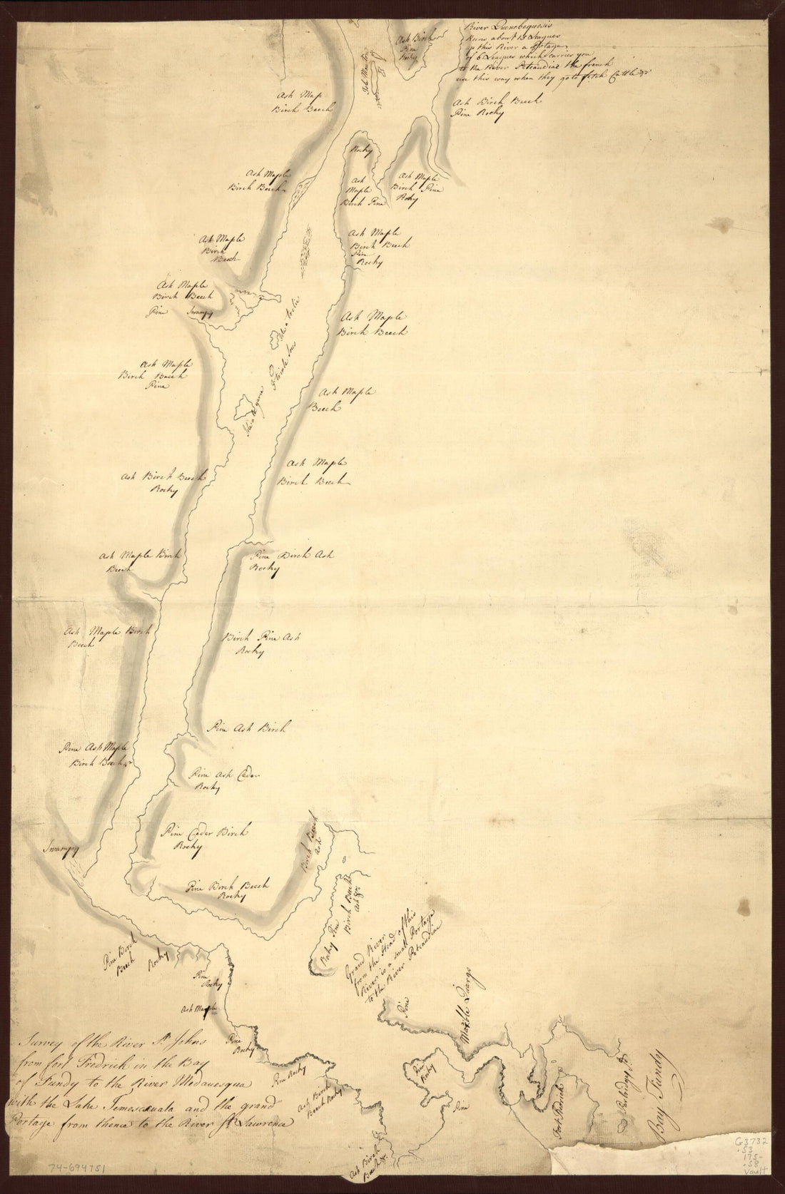 This old map of Survey of the River St. Johns from Fort Frederick In the Bay of Fundy to the River Medauesqua With the Lake Temesecuala and the Grand Portage from Thence to the River St. Lawrence from 1750 was created by  in 1750