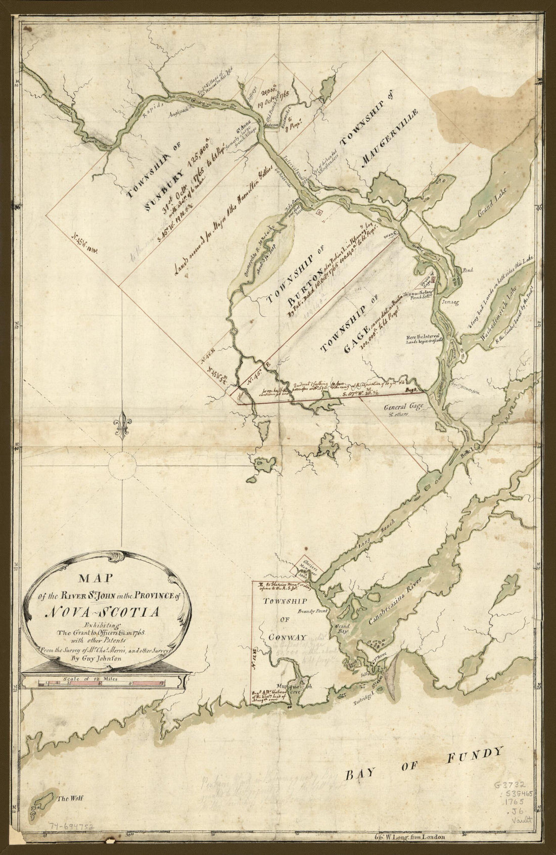 This old map of Map of the River St. John In the Province of Nova Scotia, Exhibiting the Grant to Officers &amp;c. In from 1765, With Other Patents was created by Guy Johnson, Charles Morris in 1765