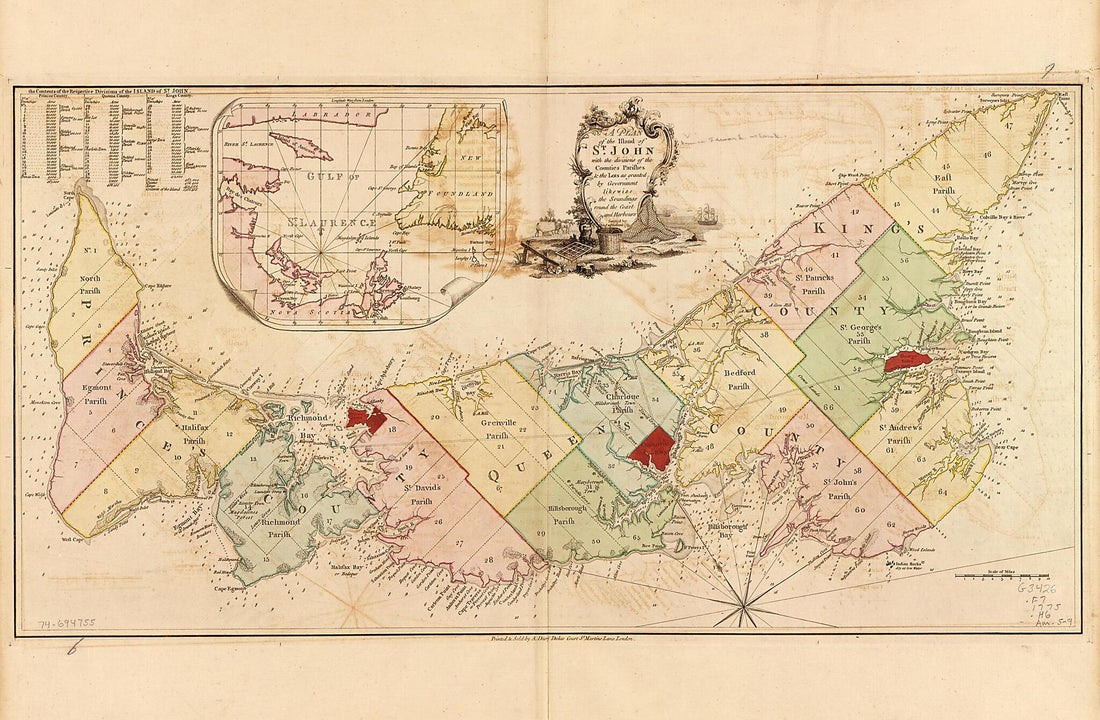 This old map of A Plan of the Island of St. John With the Divisions of the Counties, Parishes, &amp; the Lots As Granted by Government, Likewise the Soundings Round the Coast and Harbours from 1775 was created by Andrew Dury, Samuel Holland in 1775