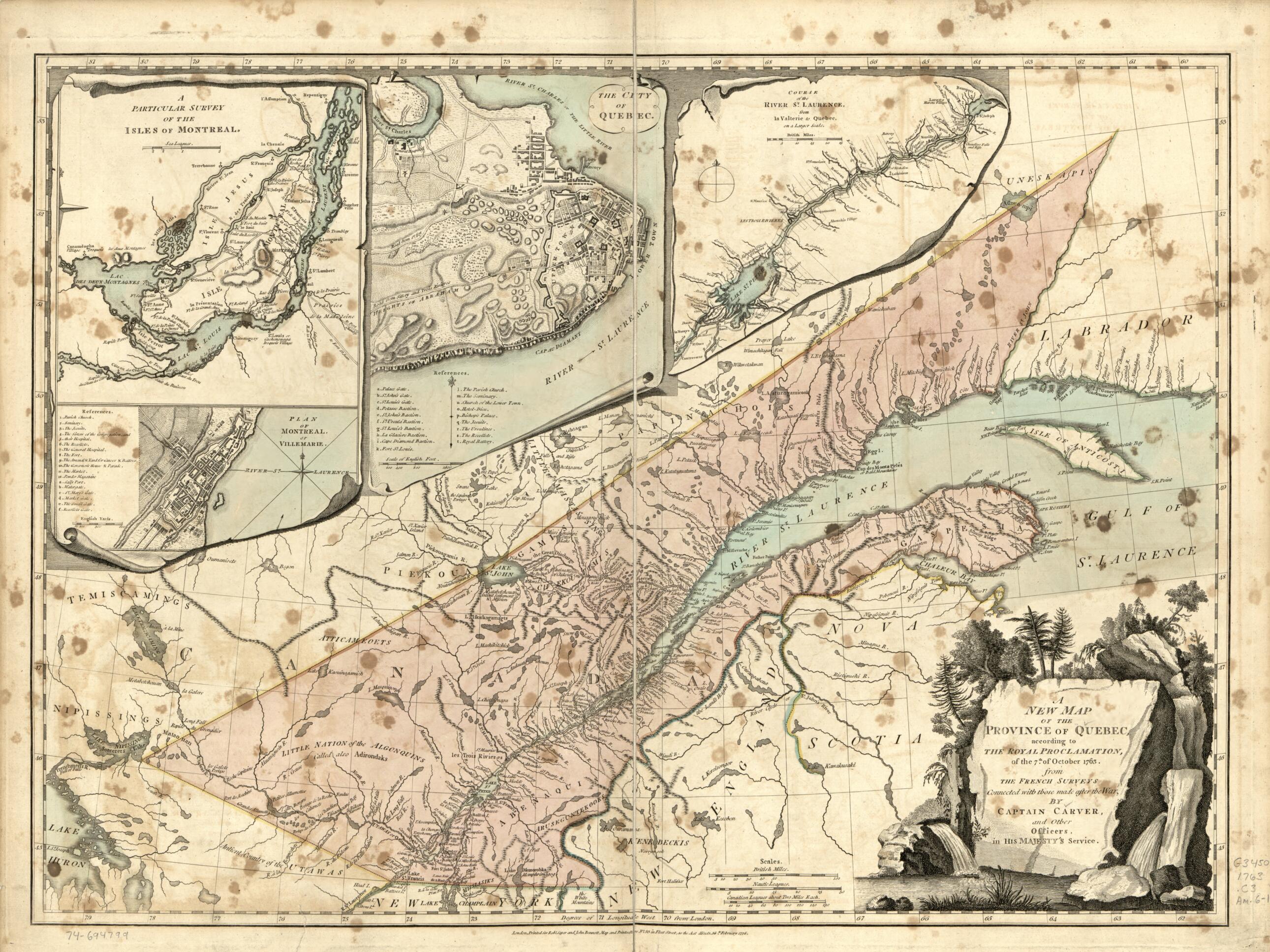 This old map of A New Map of the Province of Quebec, According to the Royal Proclamation, of the 7th of October 1763 from 1776 was created by Jonathan Carver,  Robert Sayer and John Bennett (Firm) in 1776