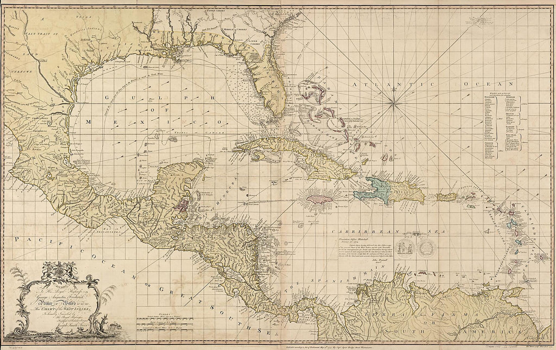 This old map of To His Royal Highness. George Augustus Frederick. Prince of Wales &amp;c. &amp;c. &amp;c. This Chart of the West Indies from 1774 was created by Thomas Bowen, Joseph Smith Speer in 1774