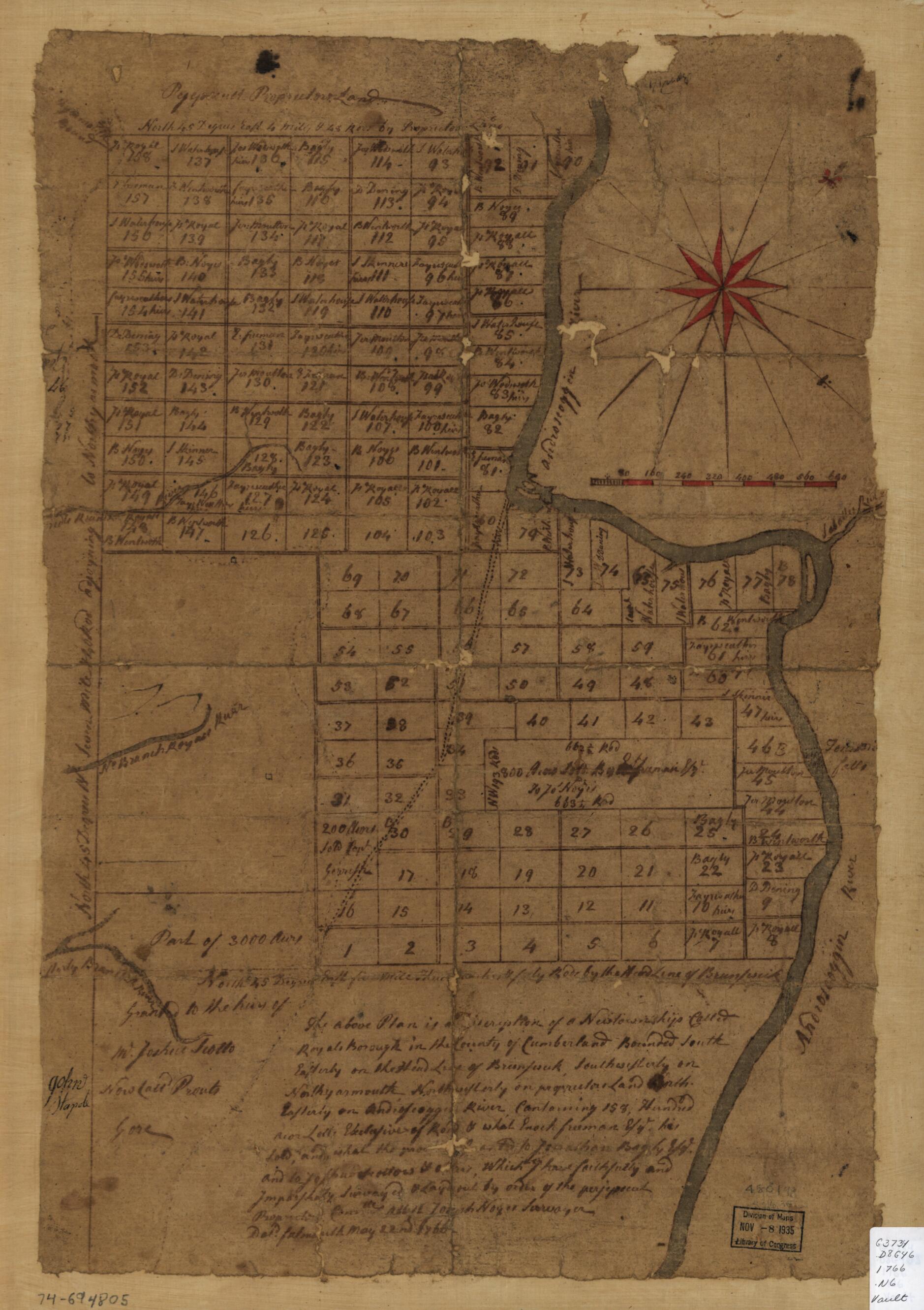 This old map of The Above Plan Is a Discription of a New Township Called Royalsborough In the County of Cumberland, Bounded Southeasterly On the Headline of Brunswick, Southwesterly On Northyarmouth, Northwesterly On Proprietors Land, Northeasterly On An