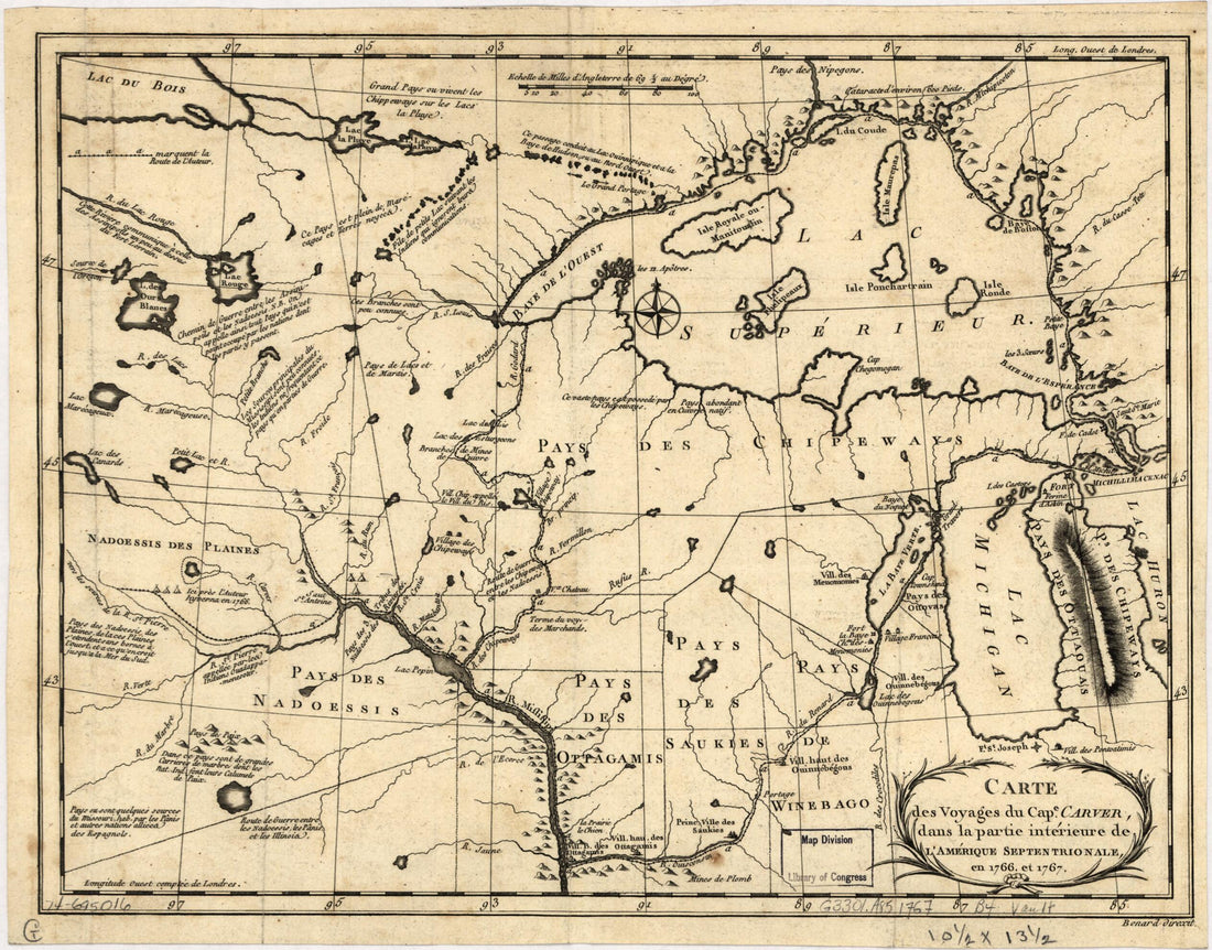 This old map of Carte Des Voyages Du Cape. Carver, Dans La Partie Intérieure De L&