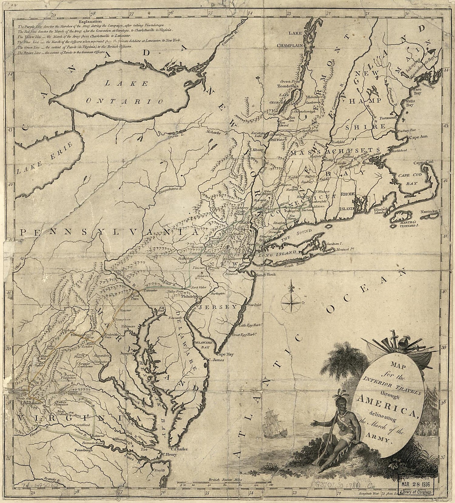 This old map of Map for the Interior Travels Through America, Delineating the March of the Army from 1780 was created by Thomas Conder in 1780