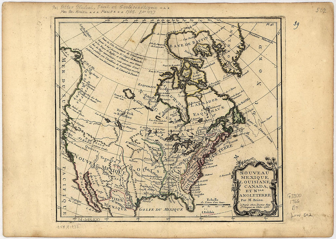 This old map of Nouveau Mexique, Louisiane, Canada, Et Nlle. Angleterre from 1766 was created by Louis Brion De La Tour,  Charles in 1766