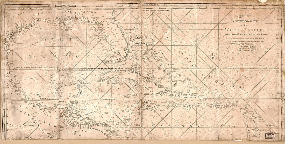 This old map of A New General Chart of the West Indies, from the Latest Marine Journals and Surveys; Regulated and Ascertained by Astronomical Observations. I, the Subscriber, Do Certify That I Have Carefully Examined This Chart Copied from a London Publ