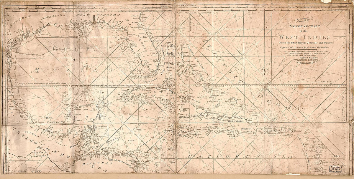 A New General Chart of the West Indies, from the Latest Marine Journals and Surveys; Regulated and Ascertained by Astronomical Observations. I, the Subscriber, Do Certify That I Have Carefully Examined This Chart Copied from a London Publication Agree... by Relic Map Company