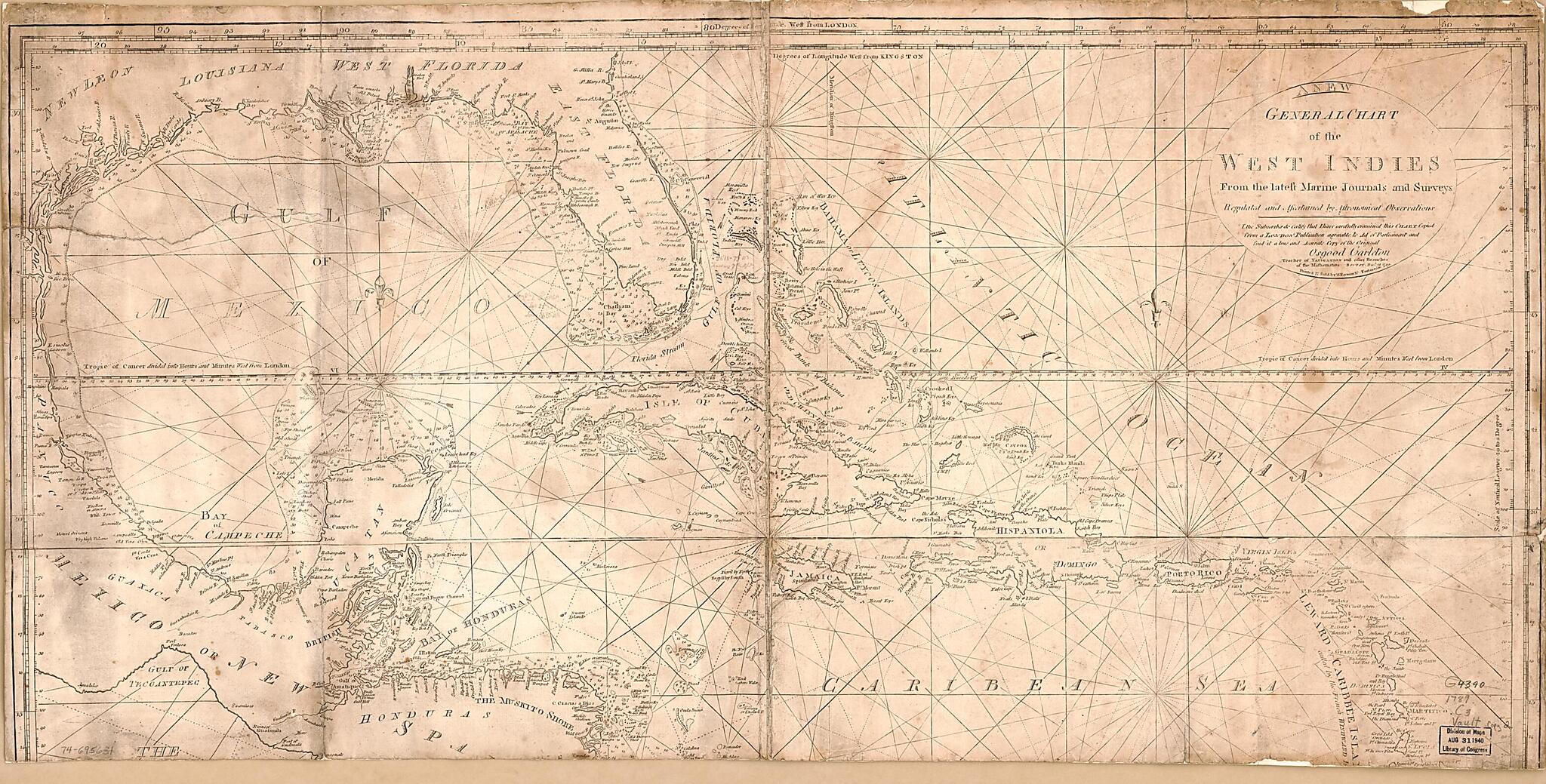 This old map of A New General Chart of the West Indies, from the Latest Marine Journals and Surveys; Regulated and Ascertained by Astronomical Observations. I, the Subscriber, Do Certify That I Have Carefully Examined This Chart Copied from a London Publ