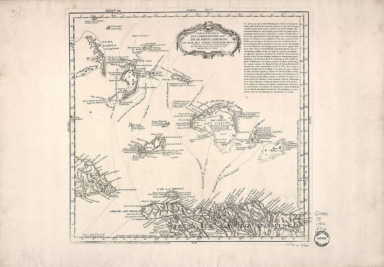 This old map of Carta Nautica Que Comprehende Los Desembocaderos Al Mar Del Norte Viniendo De La Jamaica, Y De La Isla De Santo Domingo from 1782 was created by Juan López in 1782