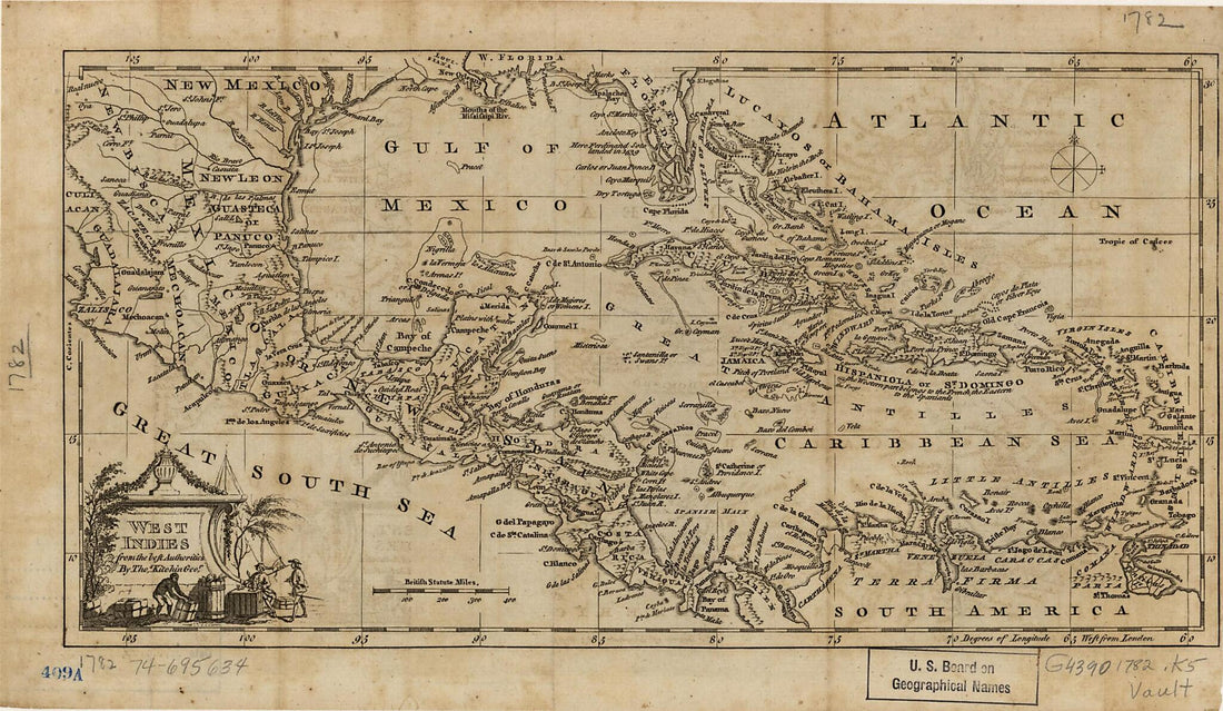 This old map of West Indies, from the Best Authorities from 1782 was created by Thomas Kitchin in 1782