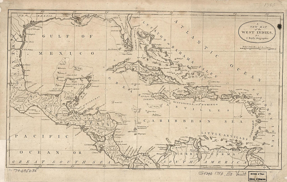 This old map of A New Map of the West Indies from 1783 was created by J. Bayly, England) Harrison and Co. (London in 1783