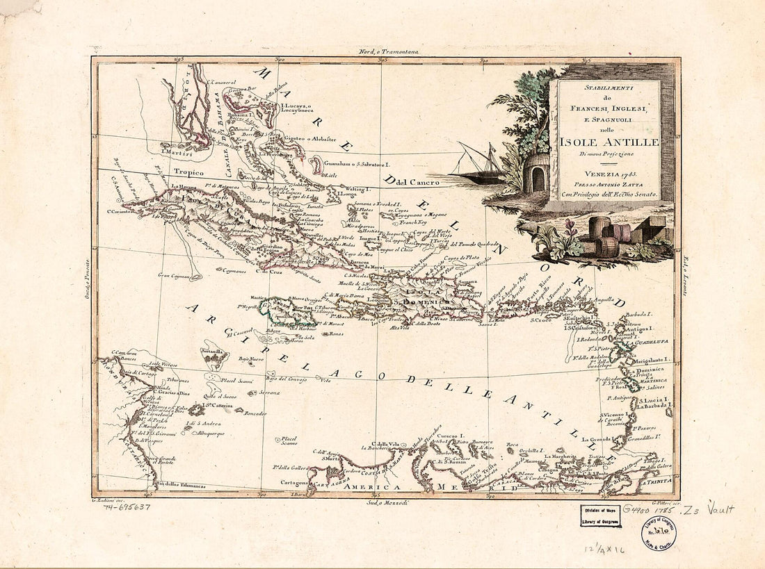 This old map of Stabilimenti De Francesi, Inglesi, E Spagnuoli Nelle Isole Antille from 1785 was created by Giovanni Marco Pitteri, Antonio Zatta in 1785