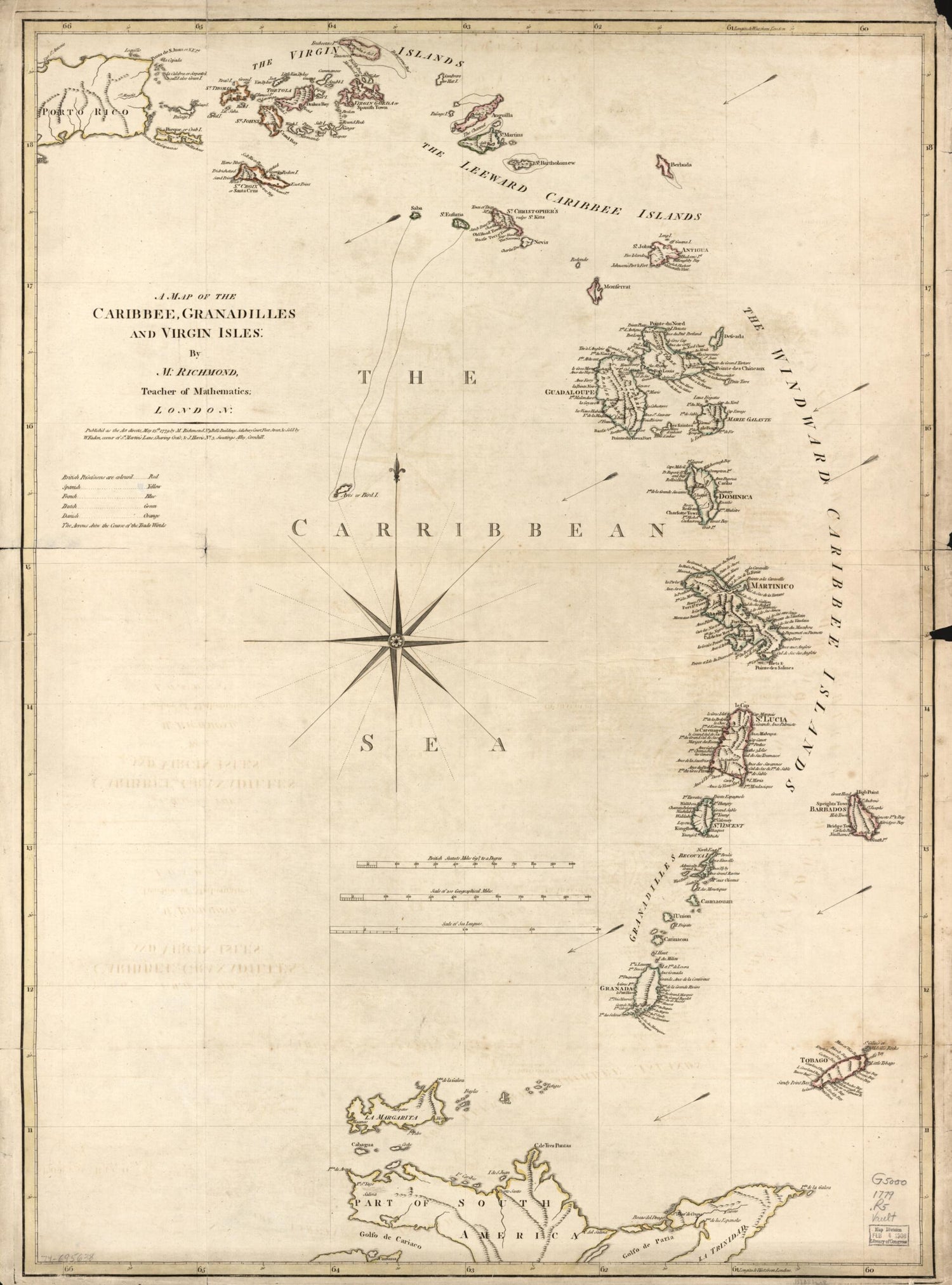 This old map of A Map of the Caribbee, Granadilles and Virgin Isles from 1779 was created by William Faden, John Harris, M. (Mathew) Richmond in 1779