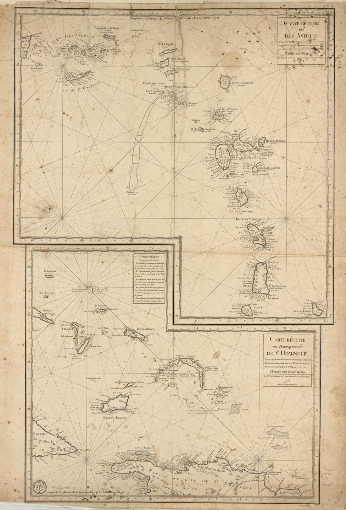 This old map of Carte Réduite Des îles Antilles, Au Nord Du 13me.degré De Latitude from 1775 was created by Jean Charles De Borda,  Petit, Alexandre Guy Pingré, Jean René Antoine Verdun De La Crenne in 1775