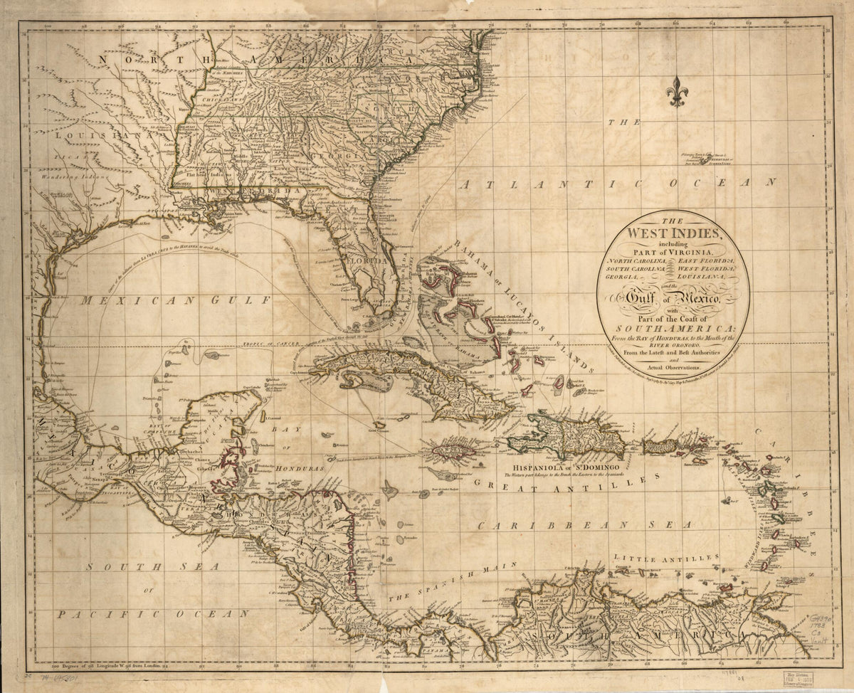 The West Indies, Including Part of Virginia, North Carolina, East Florida, South Carolina, West Florida, Georgia, Louisiana, and the Gulf of Mexico, With Part of the Coast of South America: from the Bay of Honduras, to the Mouth of the River Oronoko. ... by Relic Map Company