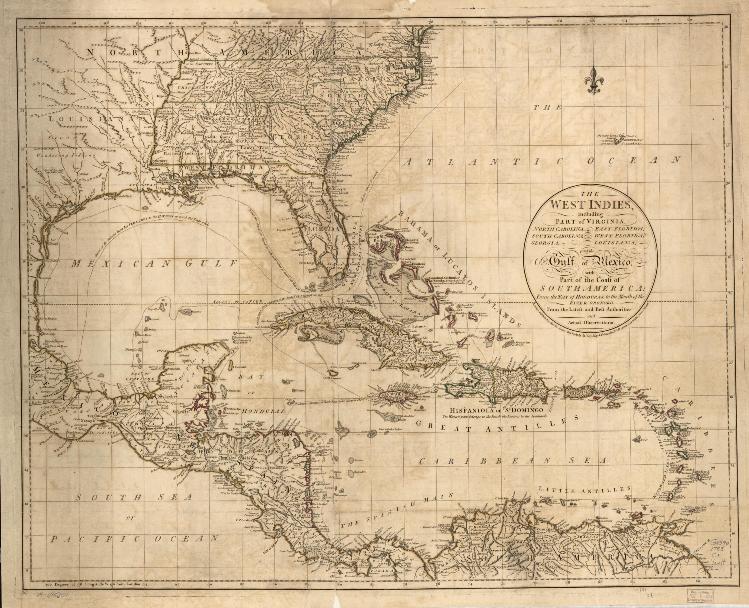 This old map of The West Indies, Including Part of Virginia, North Carolina, East Florida, South Carolina, West Florida, Georgia, Louisiana, and the Gulf of Mexico, With Part of the Coast of South America: from the Bay of Honduras, to the Mouth of the Ri