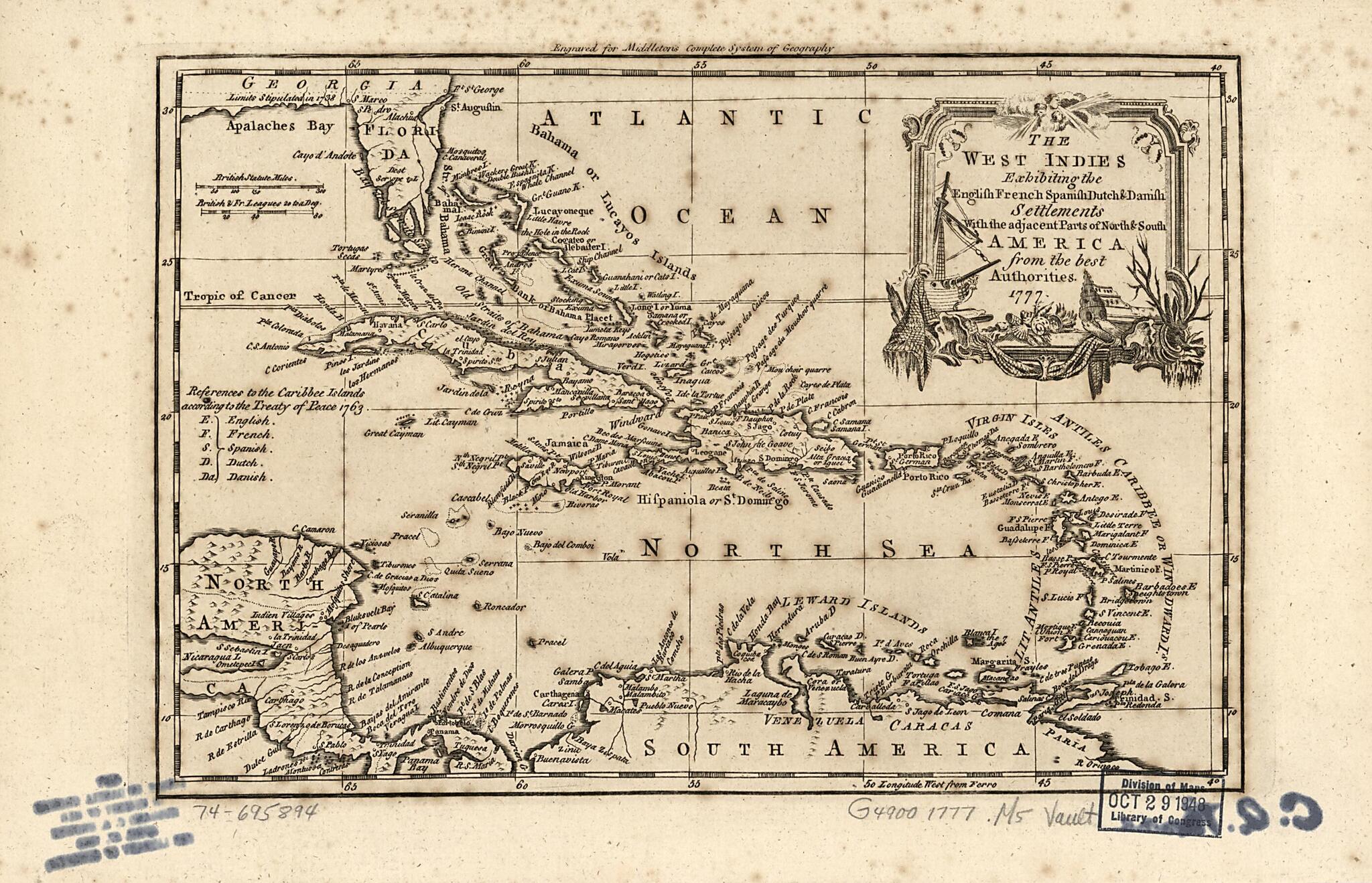 This old map of The West Indies, Exhibiting the English, French, Spanish, Dutch &amp; Danish Settlements With the Adjacent Parts of North &amp; South America, from the Best Authorities from 1777 was created by Charles Theodore Middleton in 1777