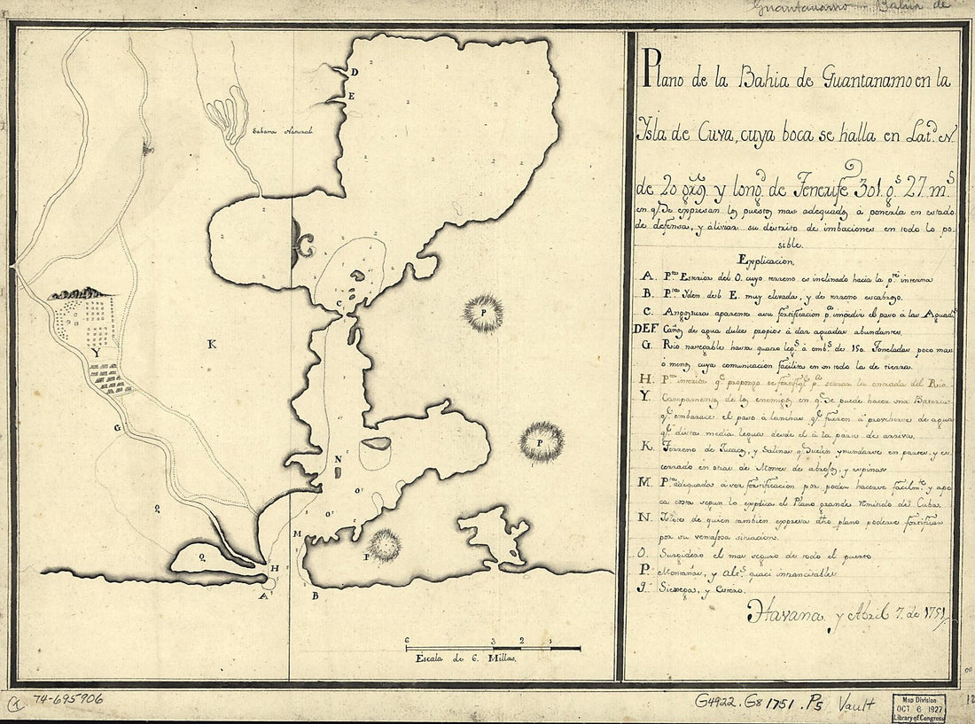 This old map of Plano De La Bahía De Guantánamo En La Ysla De Cuva, Cuya Boca Se Halla En Latd. N. De 20 Gros. Y Longd. De Tenerife 30l. Gs. 27 Ms.  from 1751 was created by  in 1751