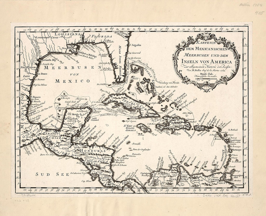 This old map of Karte Von Dem Mexicanischen Meerbusen Und Dem Inseln Von America, Zur Allgemeinen Historie Der Reisen from 1754 was created by Jacques Nicolas Bellin in 1754