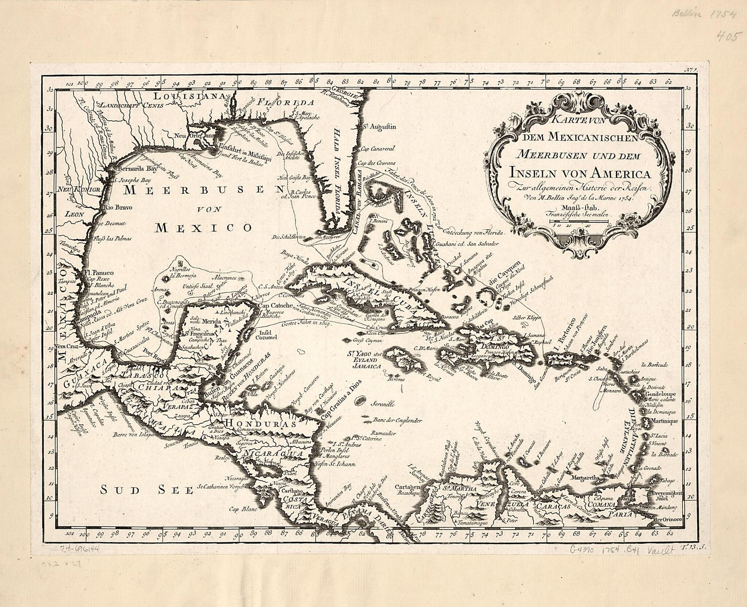 This old map of Karte Von Dem Mexicanischen Meerbusen Und Dem Inseln Von America, Zur Allgemeinen Historie Der Reisen from 1754 was created by Jacques Nicolas Bellin in 1754