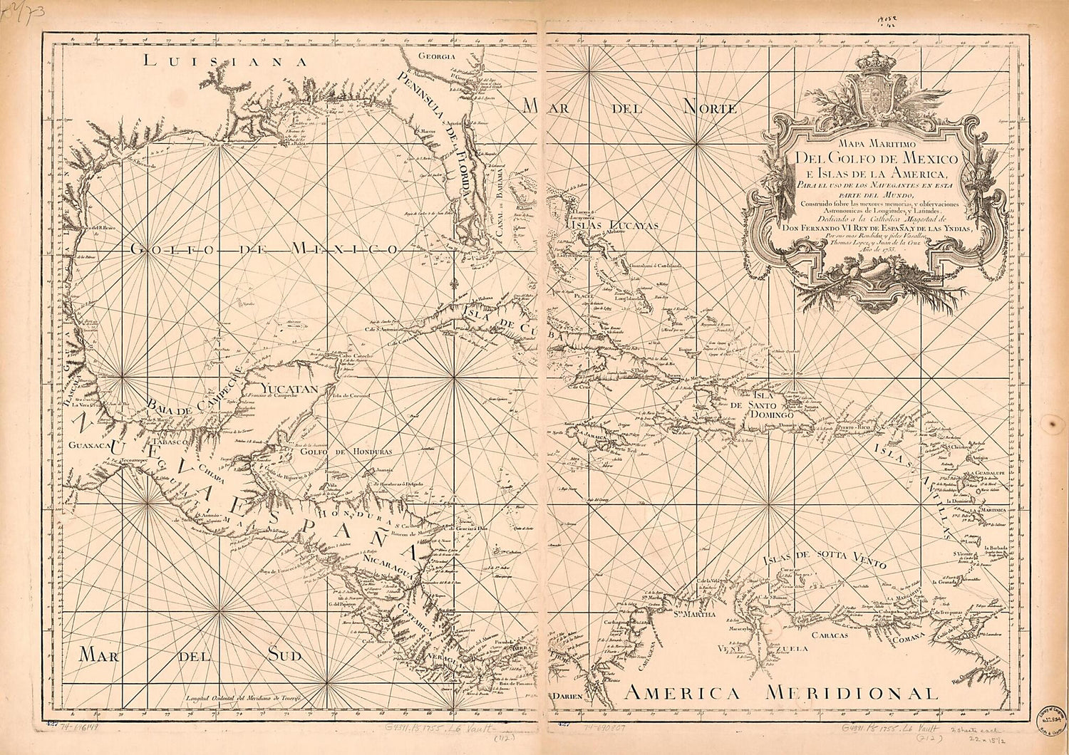 This old map of Mapa Maritimo Del Golfo De Mexico E Islas De La America, Para El Uso De Los Navegantes En Esta Parte Del Mundo, Construido Sobre Las Mexores Memorias, Y Observaciones Astronomicas De Longitudes, Y Latitudes from 1755 was created by Juan D