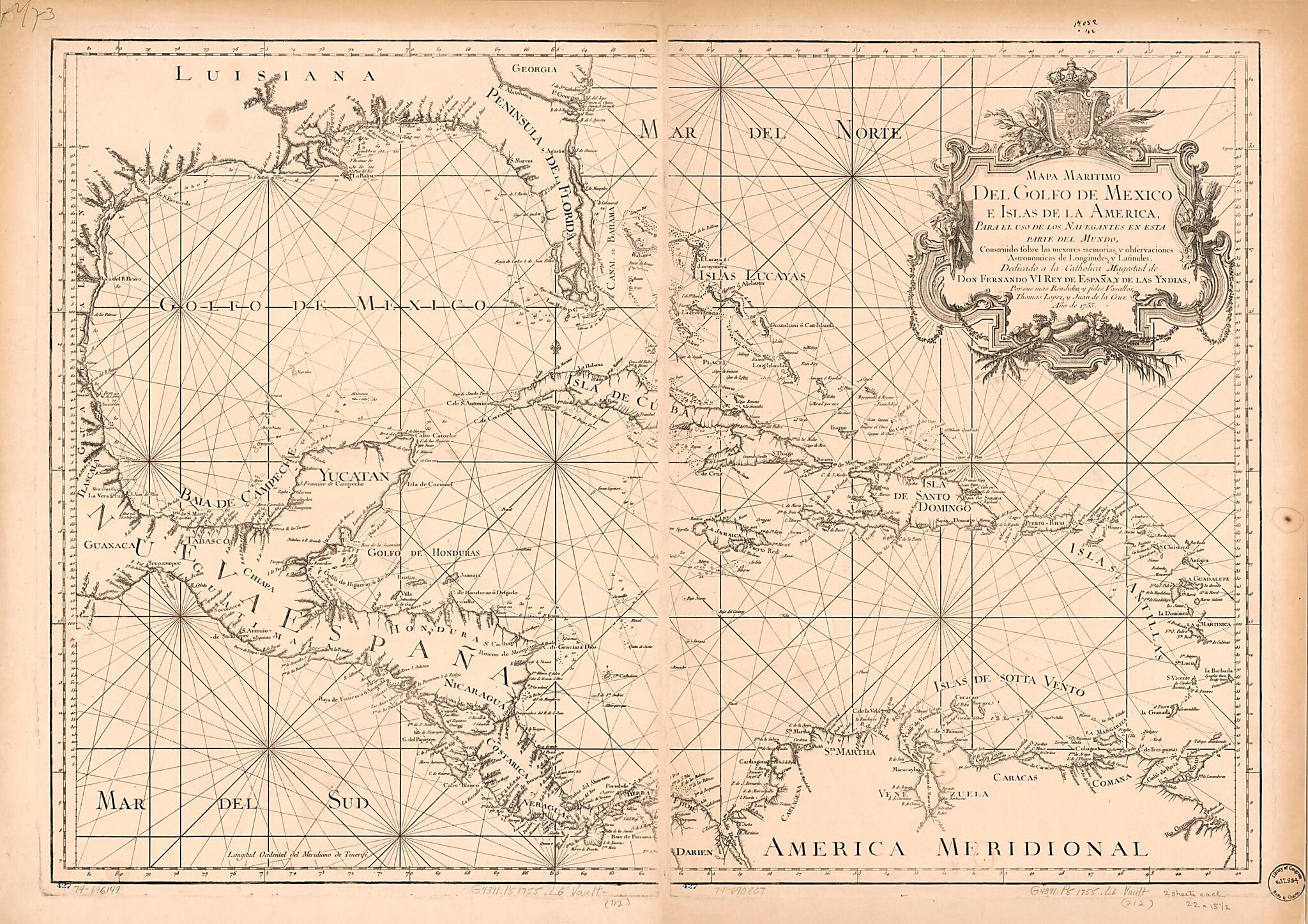 This old map of Mapa Maritimo Del Golfo De Mexico E Islas De La America, Para El Uso De Los Navegantes En Esta Parte Del Mundo, Construido Sobre Las Mexores Memorias, Y Observaciones Astronomicas De Longitudes, Y Latitudes from 1755 was created by Juan D