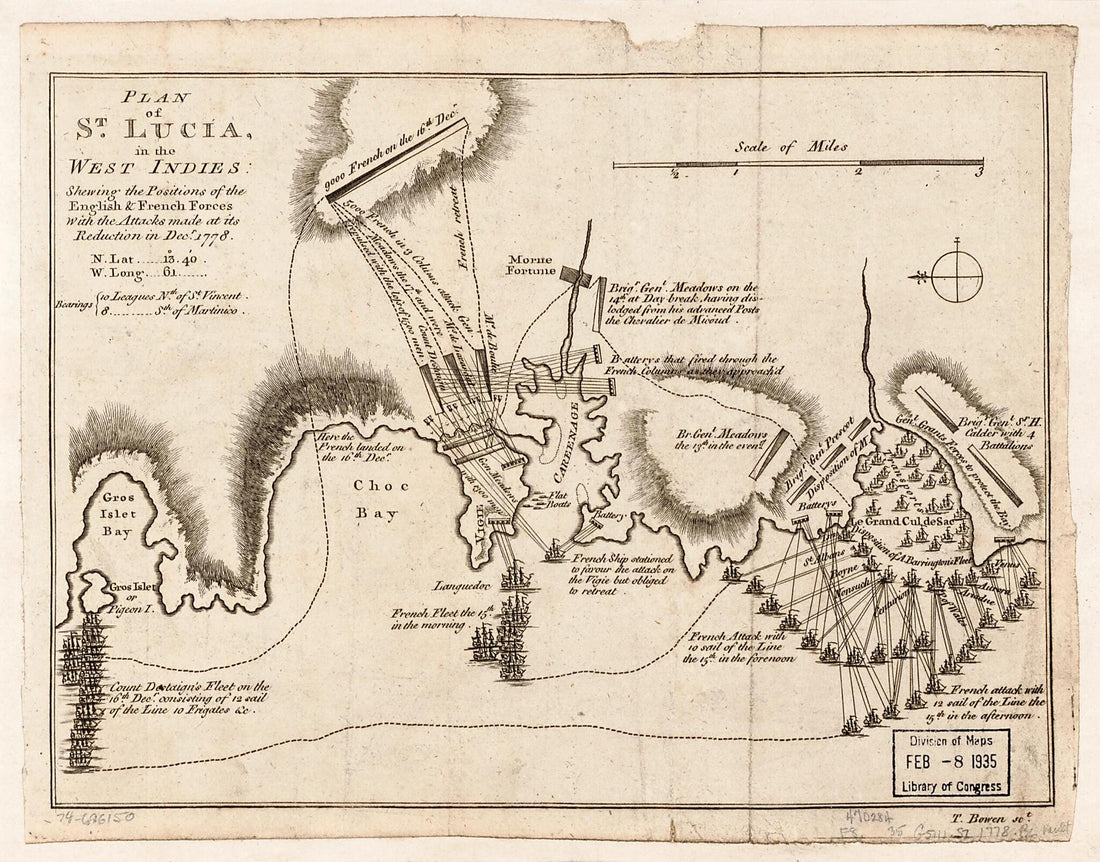 This old map of Plan of St. Lucia, In the West Indies: Shewing the Positions of the English and French Forces With the Attacks Made at Its Reduction In Decr. from 1778 was created by Thomas Bowen in 1778