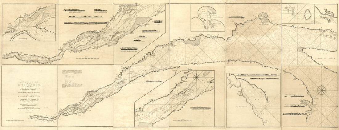 This old map of A New Chart of the River St. Laurence, from the Island of Anticosti to the Falls of Richelieu: With All the Islands, Rocks, Shoals, and Soundings, Also Particular Directions for Navigating the River With Safety. Taken by the Order of Char