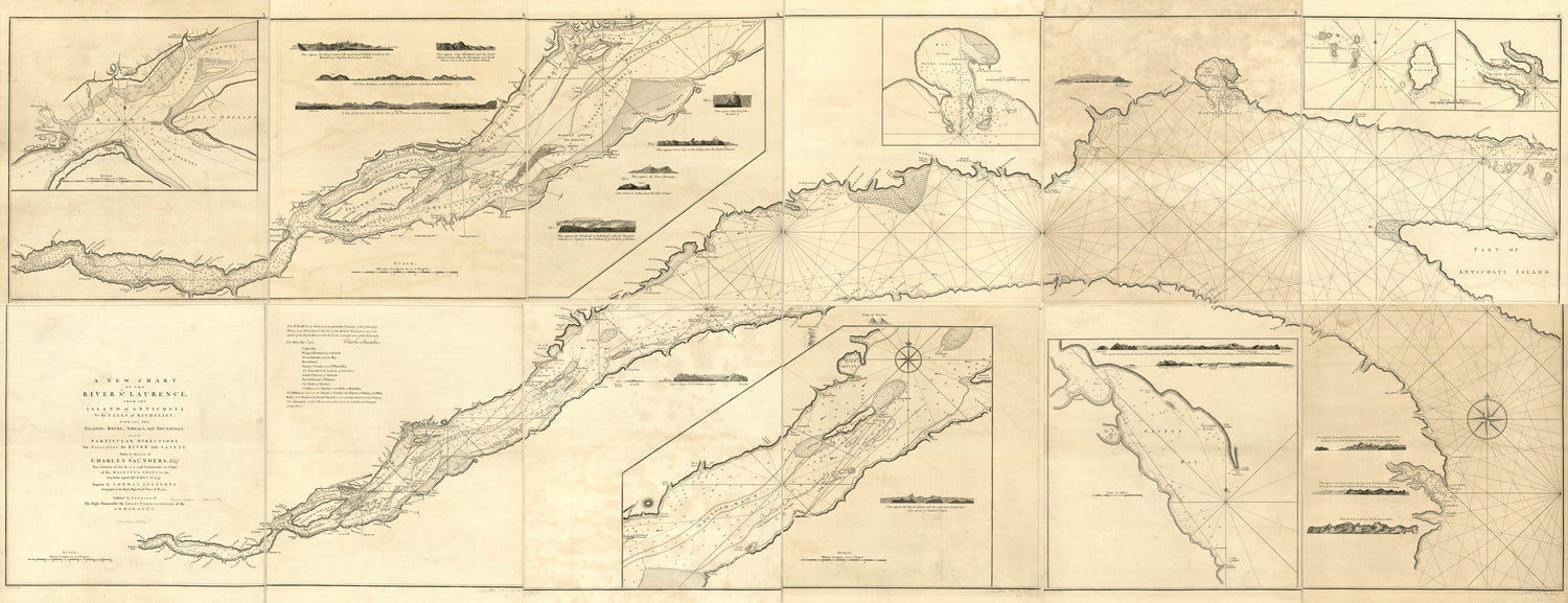 This old map of A New Chart of the River St. Laurence, from the Island of Anticosti to the Falls of Richelieu: With All the Islands, Rocks, Shoals, and Soundings, Also Particular Directions for Navigating the River With Safety. Taken by the Order of Char