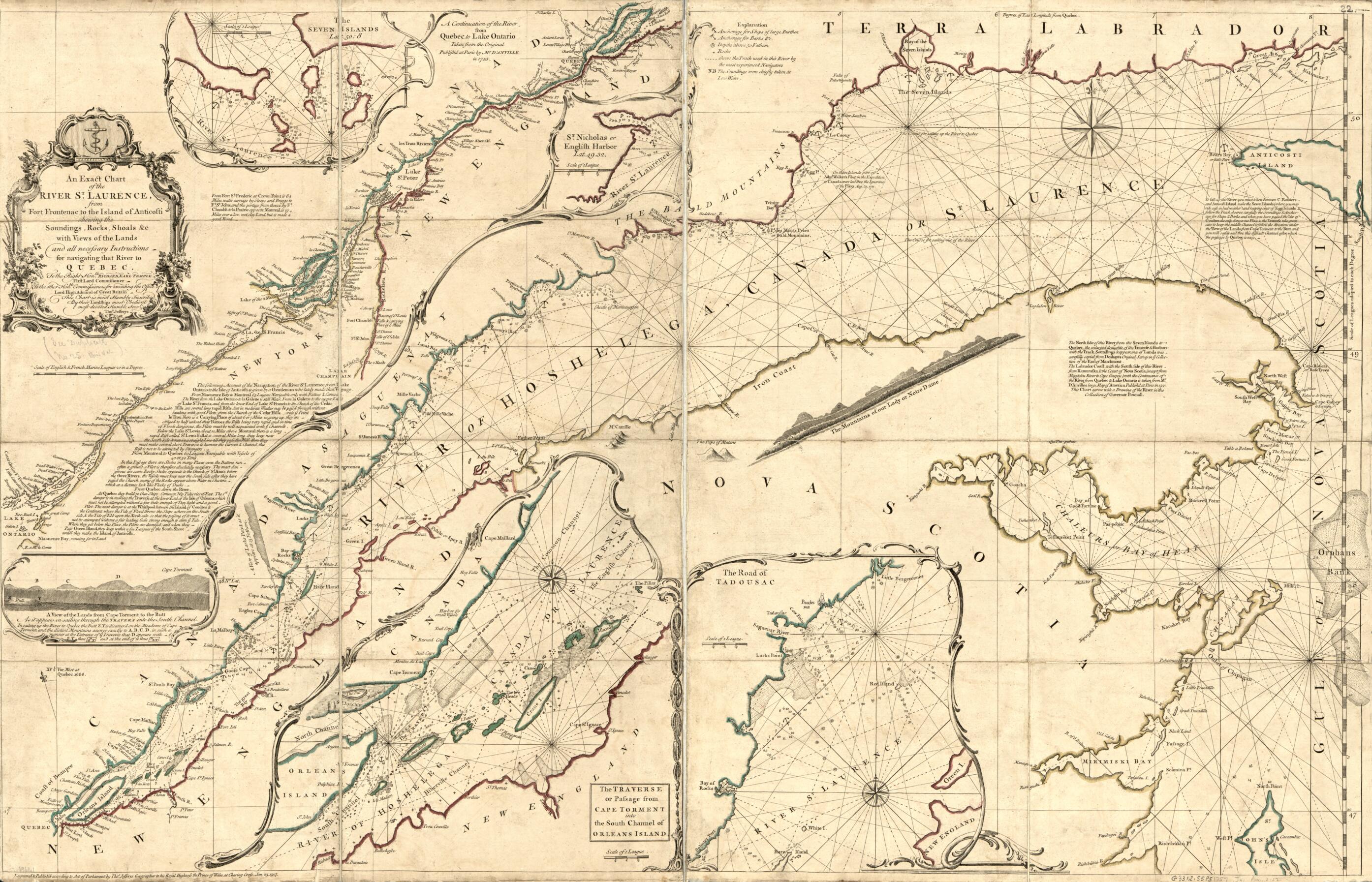 This old map of An Exact Chart of the River St. Lawrence, from Port Frontenac to the Island of Anticosti Shewing the Soundings, Rocks, Shoals &amp;c With Views of the Lands and All Necessary Instructions for Navigating That River to Quebec from 1757 was crea