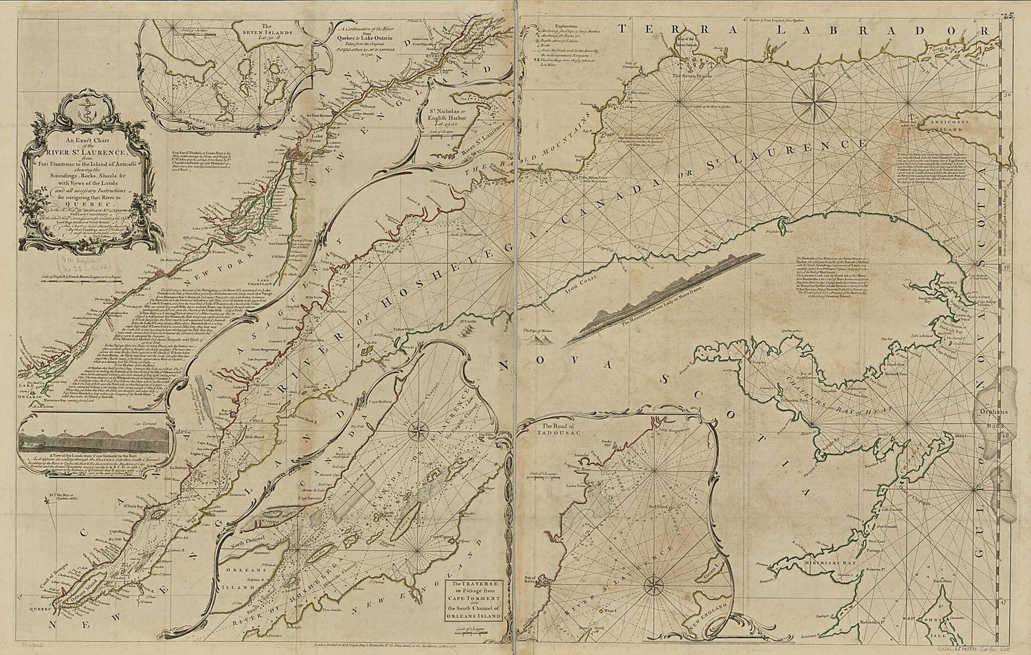 This old map of An Exact Chart of the River St. Laurence, from Fort Frontenac to the Island of Anticosti Shewing the Soundings, Rocks, Shoals &amp;c With Views of the Lands and All Necessary Instructions for Navigating That River to Quebec from 1771 was crea