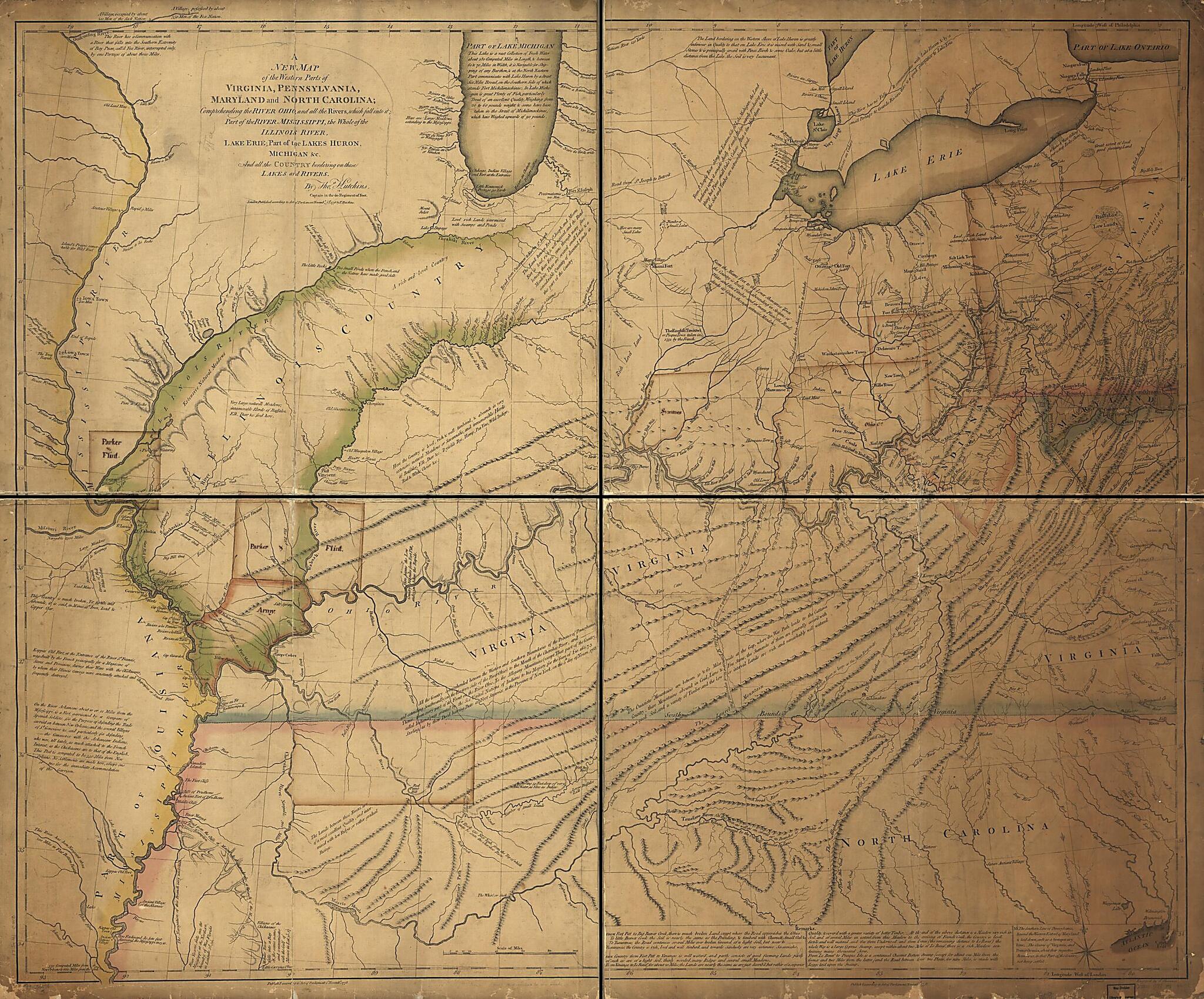 This old map of A New Map of the Western Parts of Virginia, Pennsylvania, Maryland and North Carolina; Comprehending the River Ohio, and All the Rivers, Which Fall Into It; Part of the River Mississippi, the Whole of the Illinois River, Lake Erie; Part o