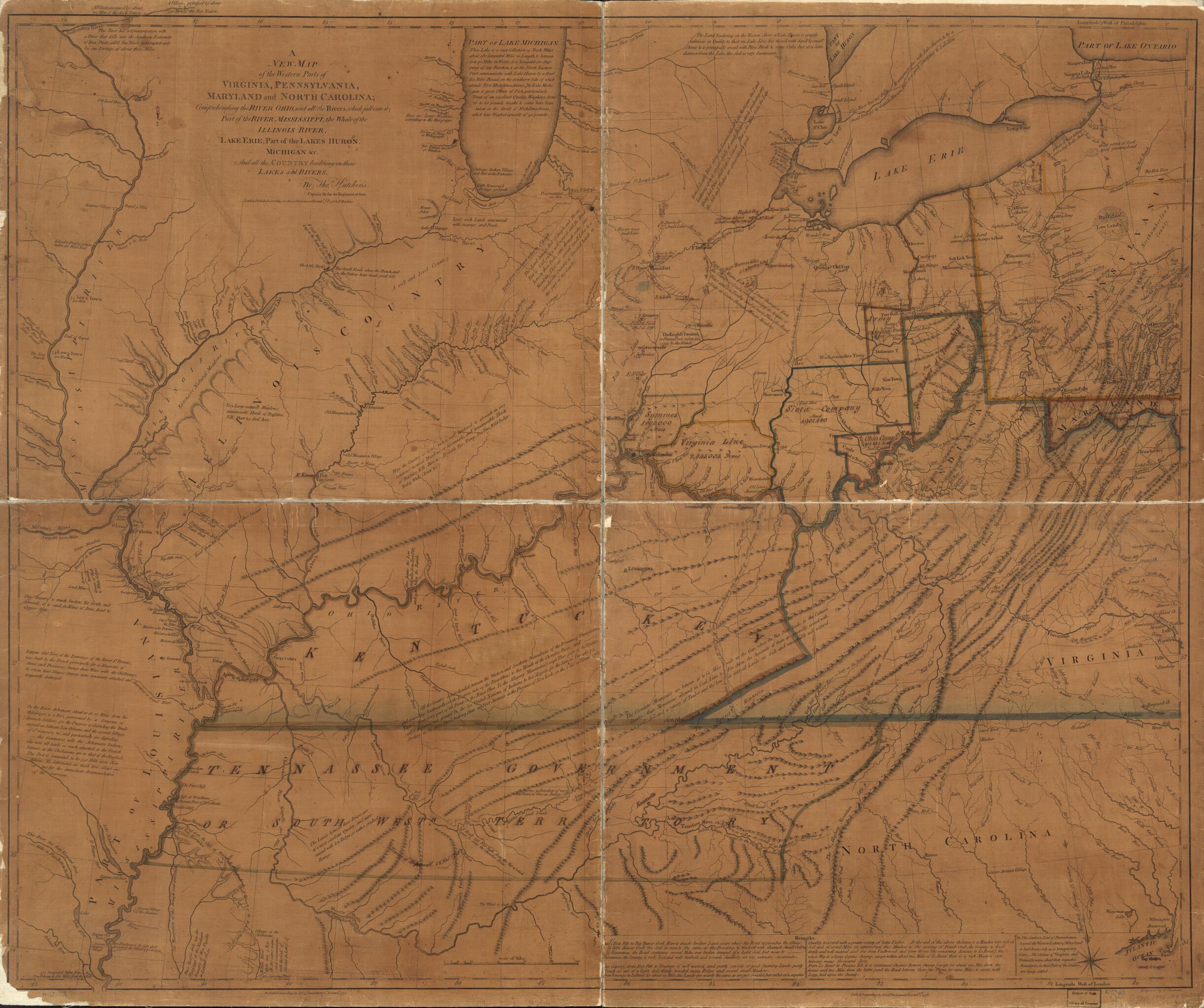 This old map of A New Map of the Western Parts of Virginia, Pennsylvania, Maryland and North Carolina; Comprehending the River Ohio, and All the Rivers, Which Fall Into It; Part of the River Mississippi, the Whole of the Illinois River, Lake Erie; Part o